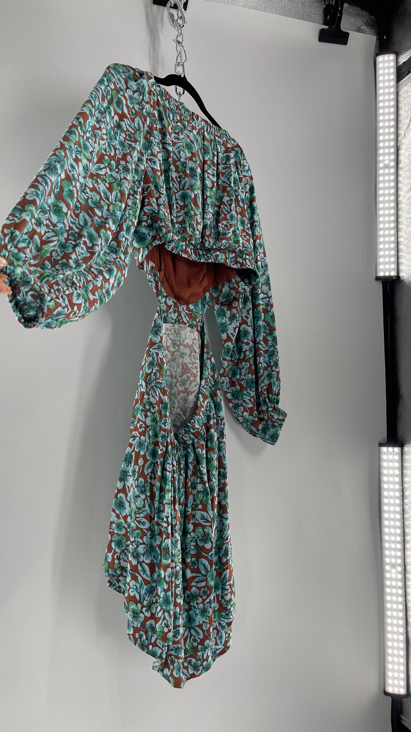 Free People Brown Cut Out Milkmaid Mini with Blue Florals (Medium)