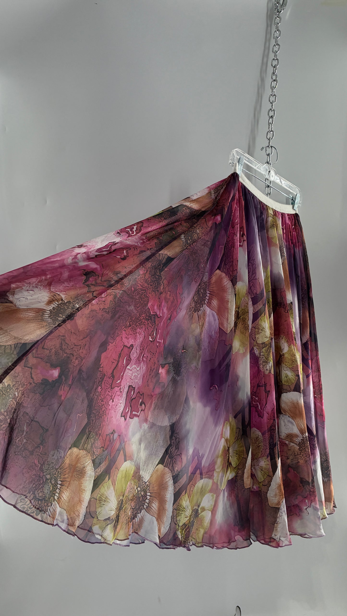 Vintage Full Length Silky Graphic Florals Skirt (Medium)
