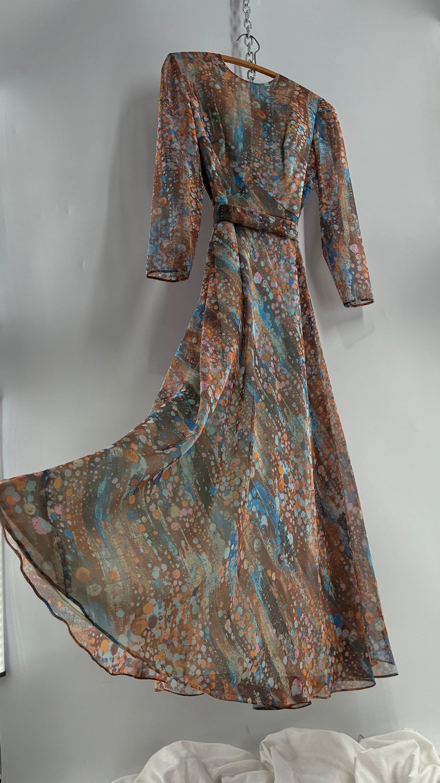 Vintage 1970s HELEN BASS Brown, Orange, Blue Voluminous Maxi Dress (S)