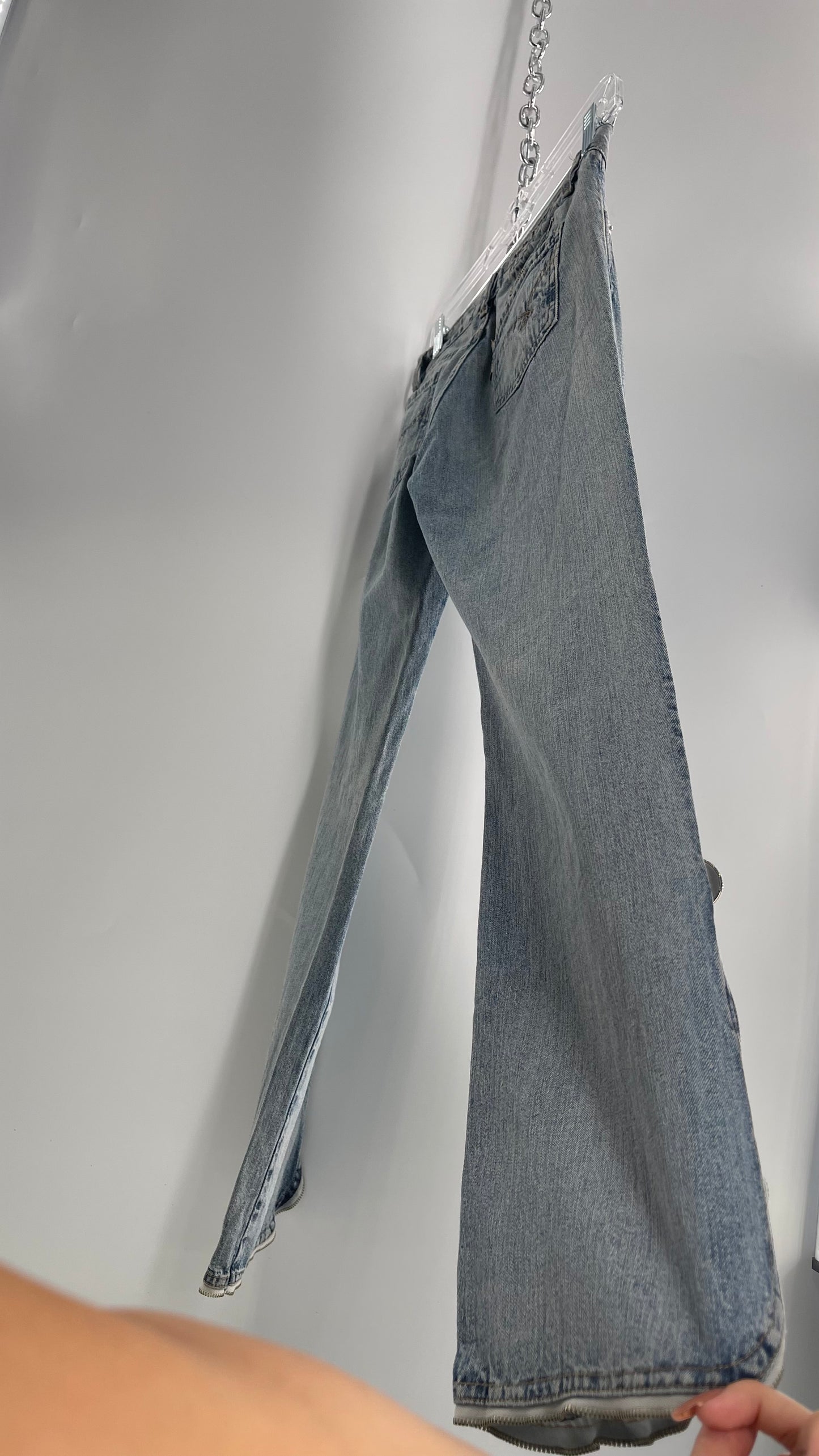 Vintage New Trips Light Wash Kick Flare Jeans with Zipper Hem Detail, V Waistline and Oversized Metal Buttons (40)