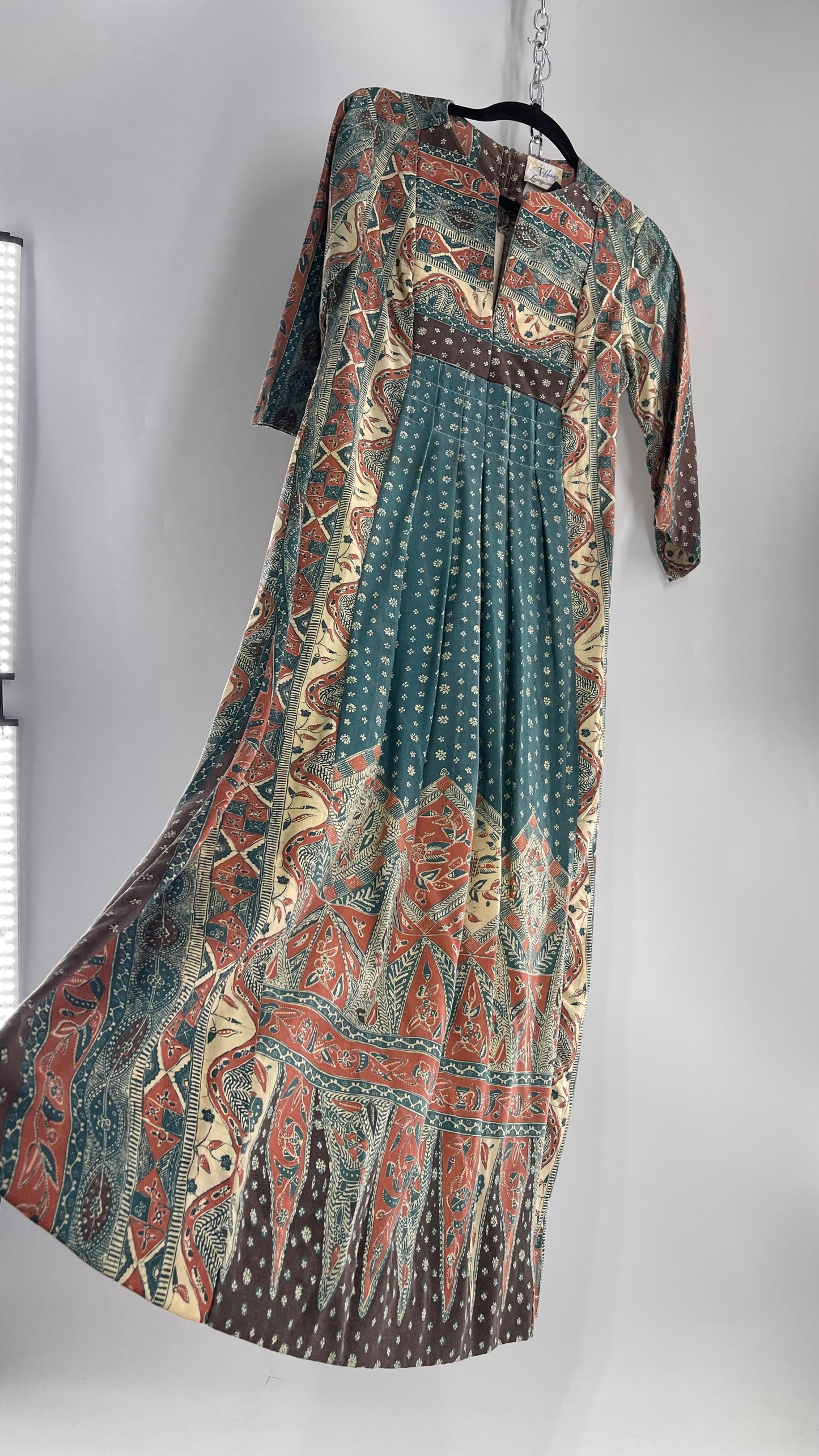 Vintage 1970s Tiffany Loungewear Full Length Brown/Blue Dress (11/12)