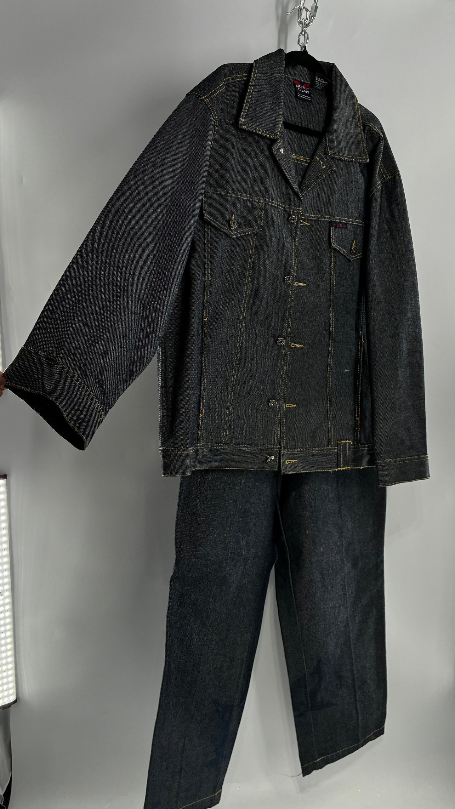 Vintage 1990s MU:KA: JEANS Men’s Dark Wash Japanese Style Denim Baggy Straight Legs and Oversized Jacket Set (L, 32x32)