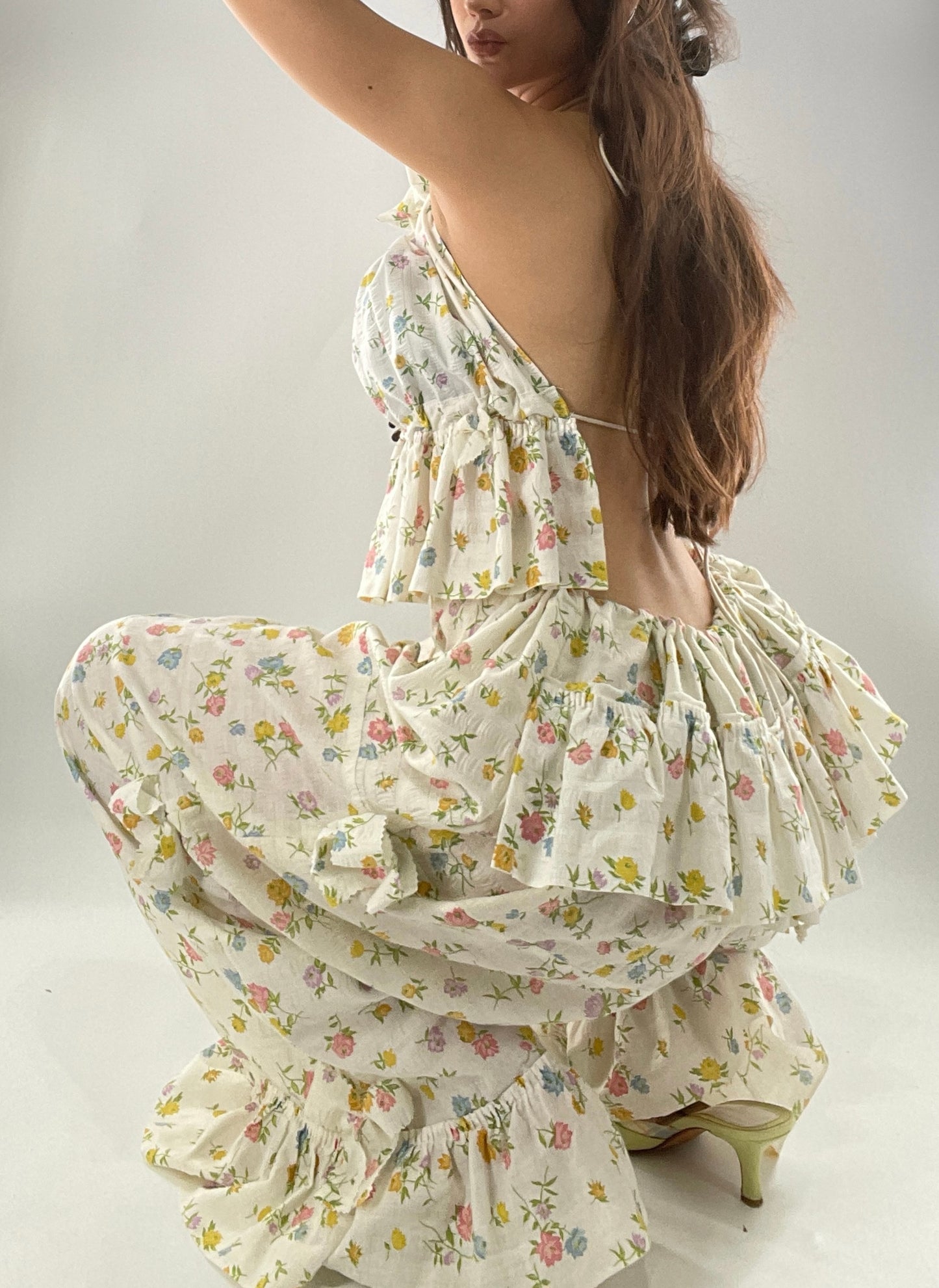 Vintage 2 Piece Floral Babydoll Set with Adjustable Top and Adjustable Pants Featuring Bow Sides and Ruffles Bum (One Size)