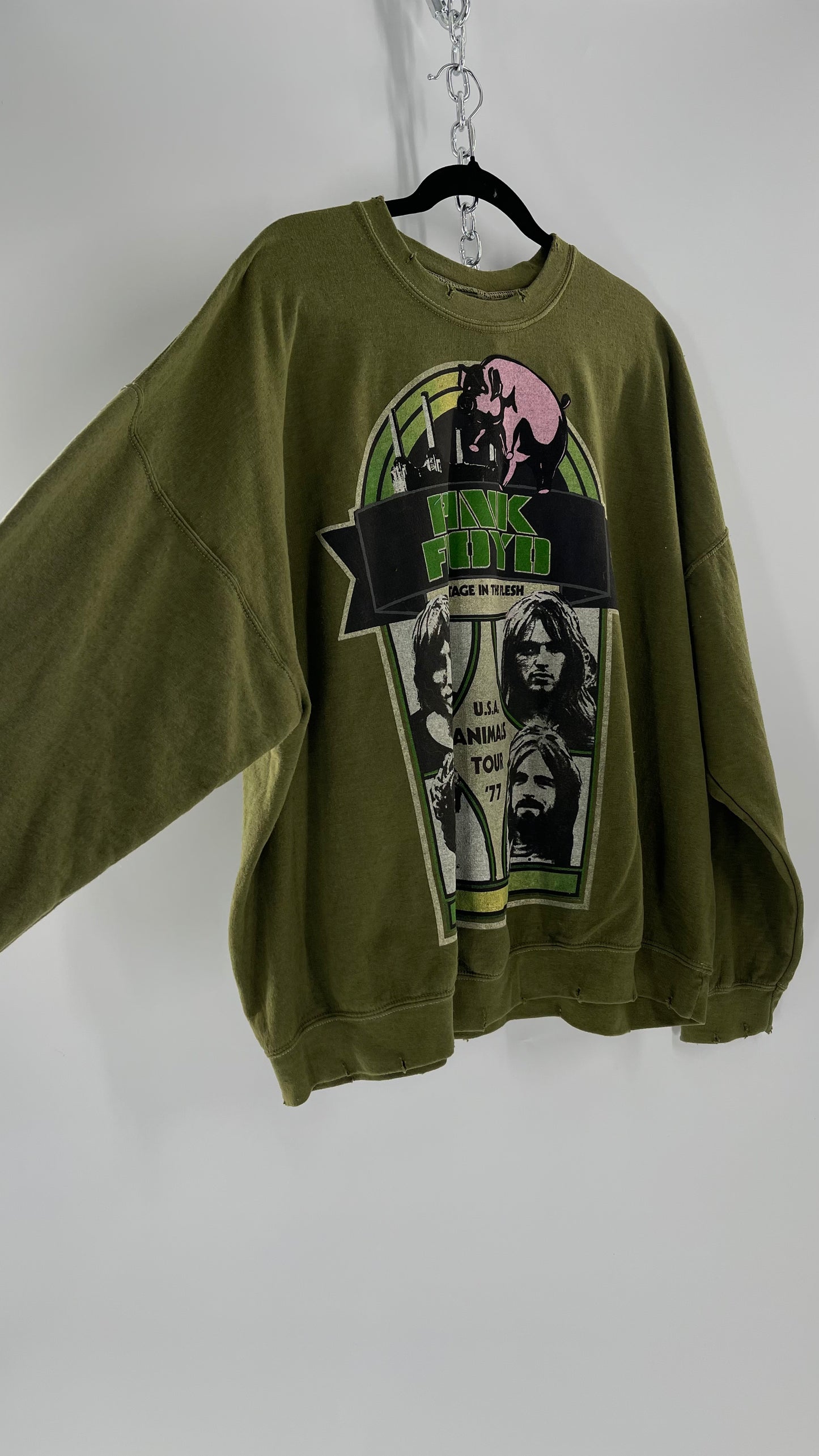 Vintage Green Graphic Pink Floyd Crewneck Knits with Distressed Neckline and Hems (L/XL)