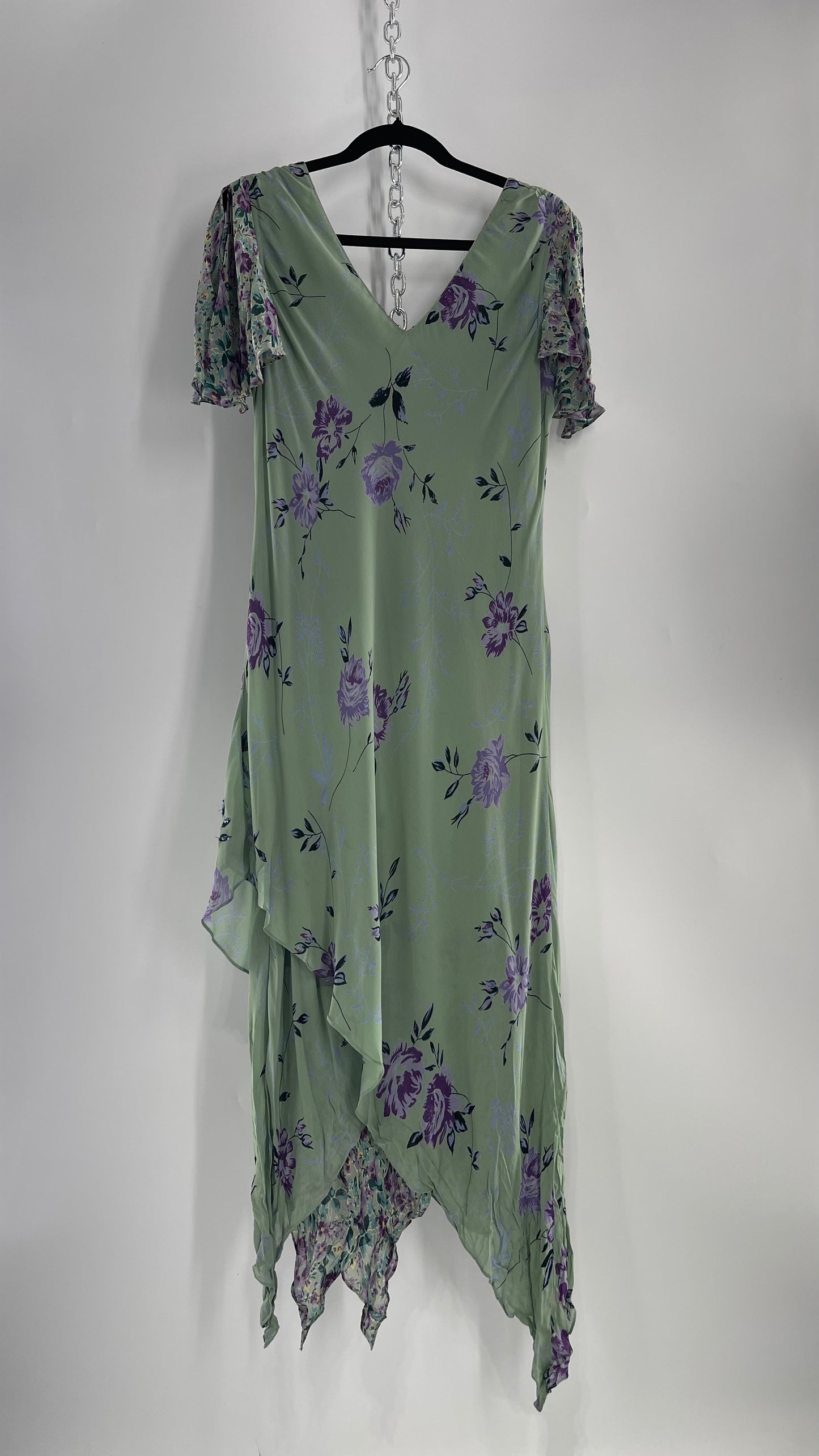 Vintage 1990s EVA BLUE Sage Green Dress with Purple Beaded Florals and Handkerchief Hem(16)