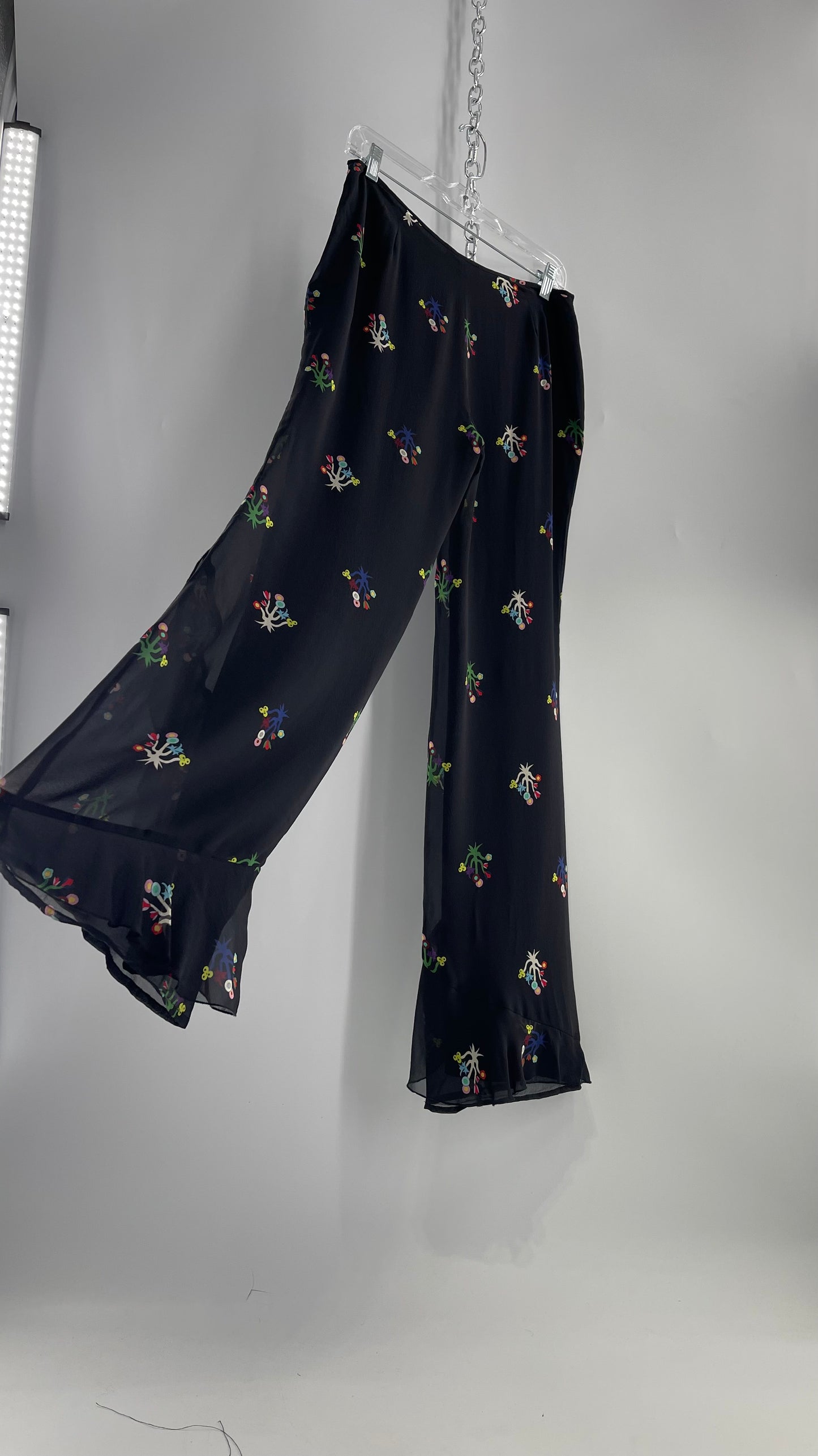 Cynthia Rowley Black Flared Pants with Colorful Abstract Florals, Dual Lining and Ruffle Trim (4)
