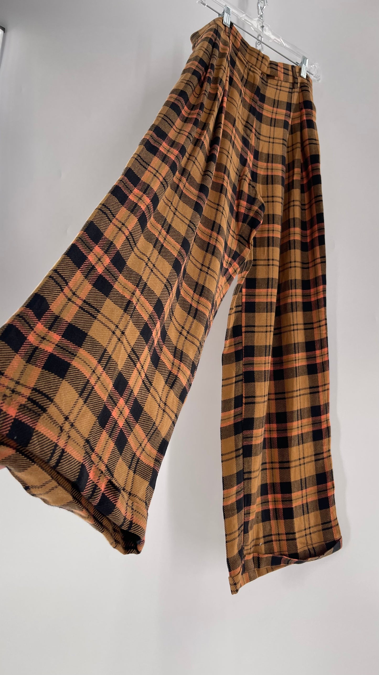 Free People Mustard,Salmon, Black Plaid High Waisted Wide Leg Trouser with Pleating (4)