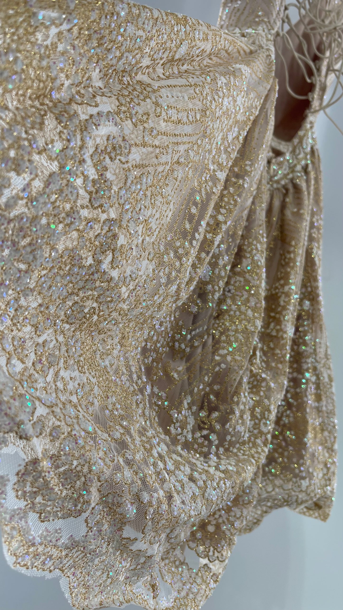 Hello Molly Fairy Sleeveless Chunky Iridescent Glitter Gold Mini Dress with Tie Up Back and Ruffle Sleeve (S)