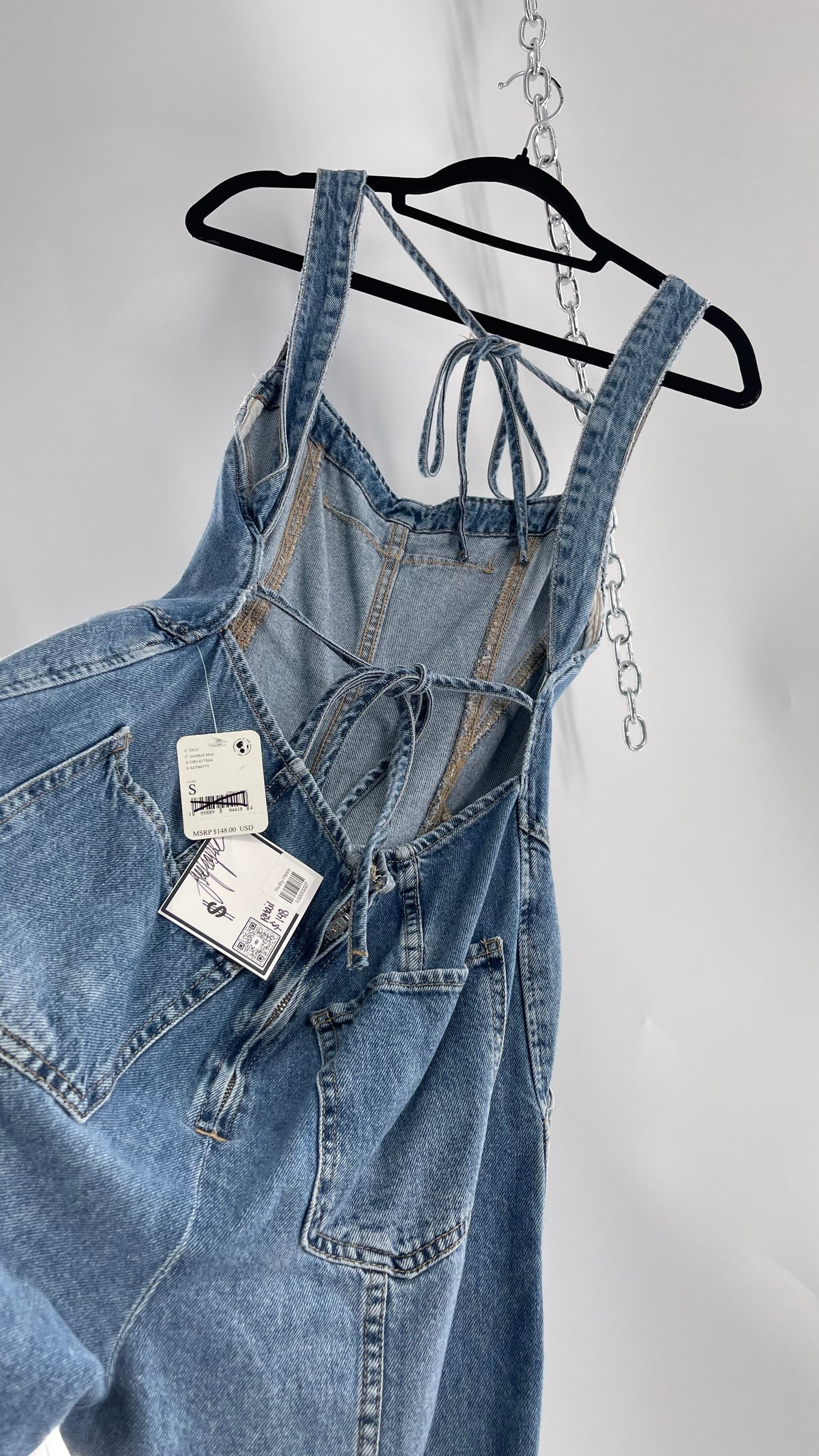 Free People Denim Backless Wide Leg Jumpsuit with Tags Attached (Small)