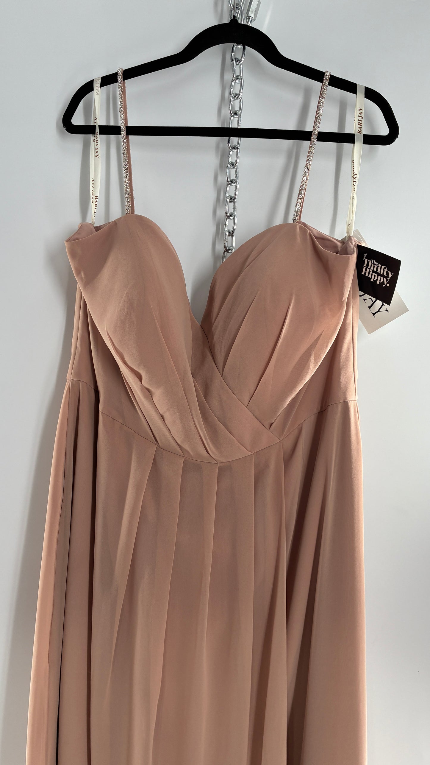 Vintage BARI JAY Nude/Blush Pink Full Length Dress with Embellished Straps and Side Slit Detail (16W)