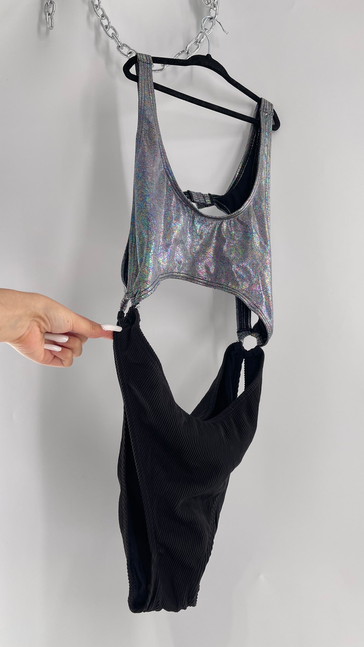 Urban Outfitters Out From Under Bathing Suit Metallic Gas Spill Top and Ribbed Black Bottom Connected by Rings (Large)