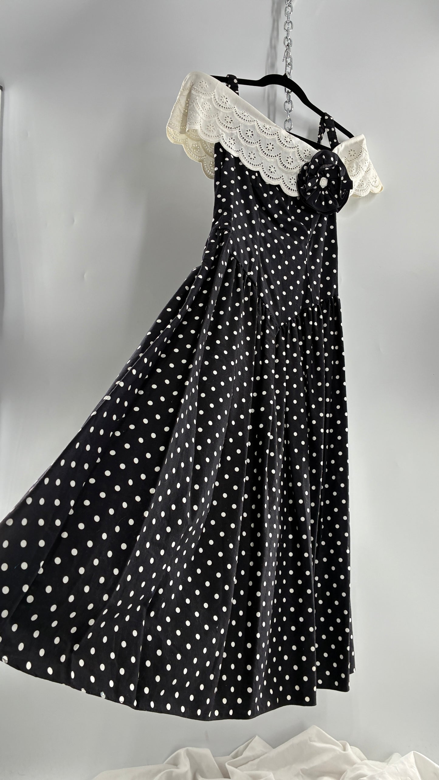 Vintage Handmade Black and White Polka Dot Pointed Waistline Gown with Off the Shoulder Stiff Lace Straps and Rosette Detail (8)