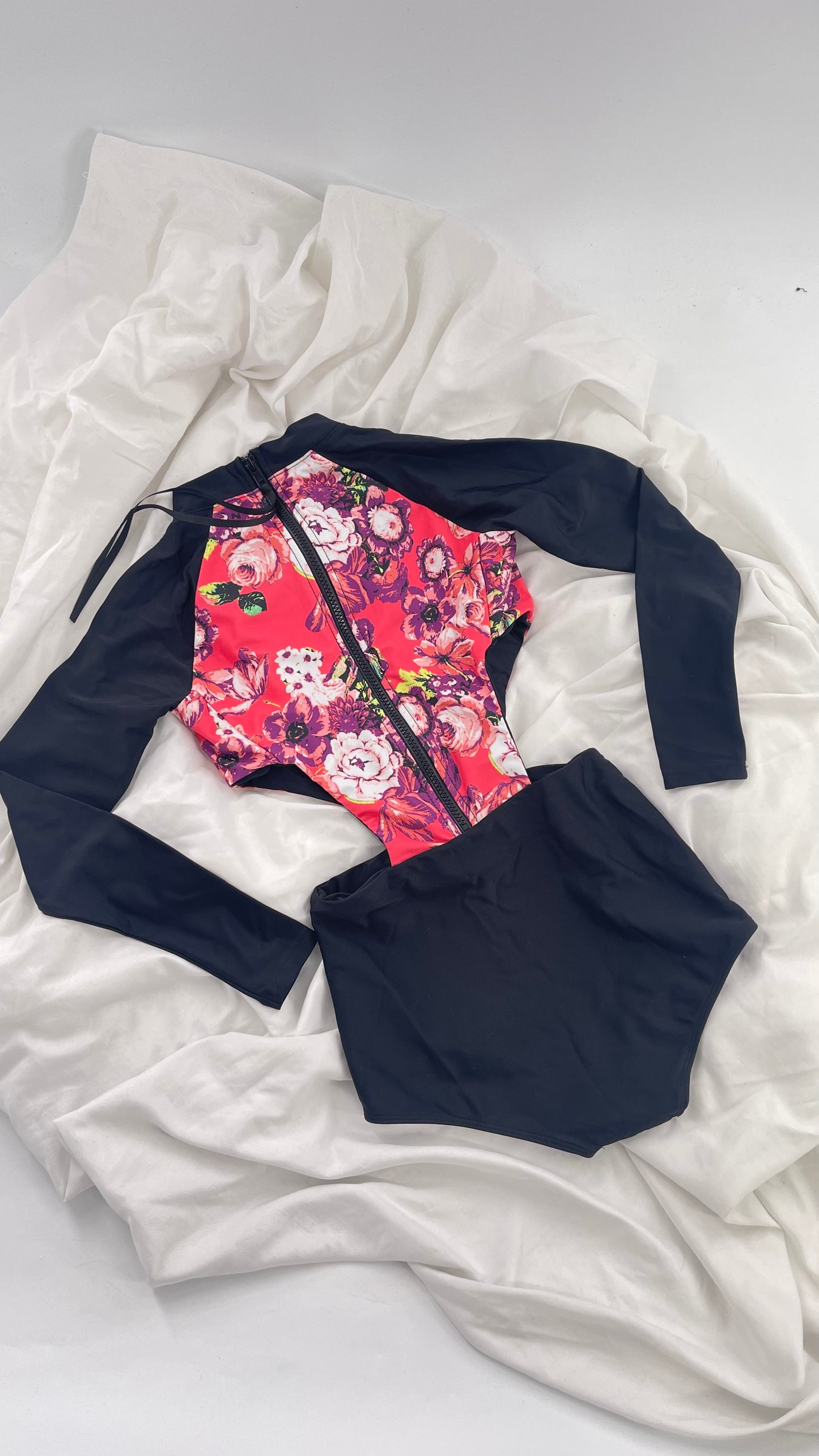 BEACH RIOT x Free People Black Long Sleeve Swimsuit with Hot Pink Floral Torso and Cut Outs (XS)