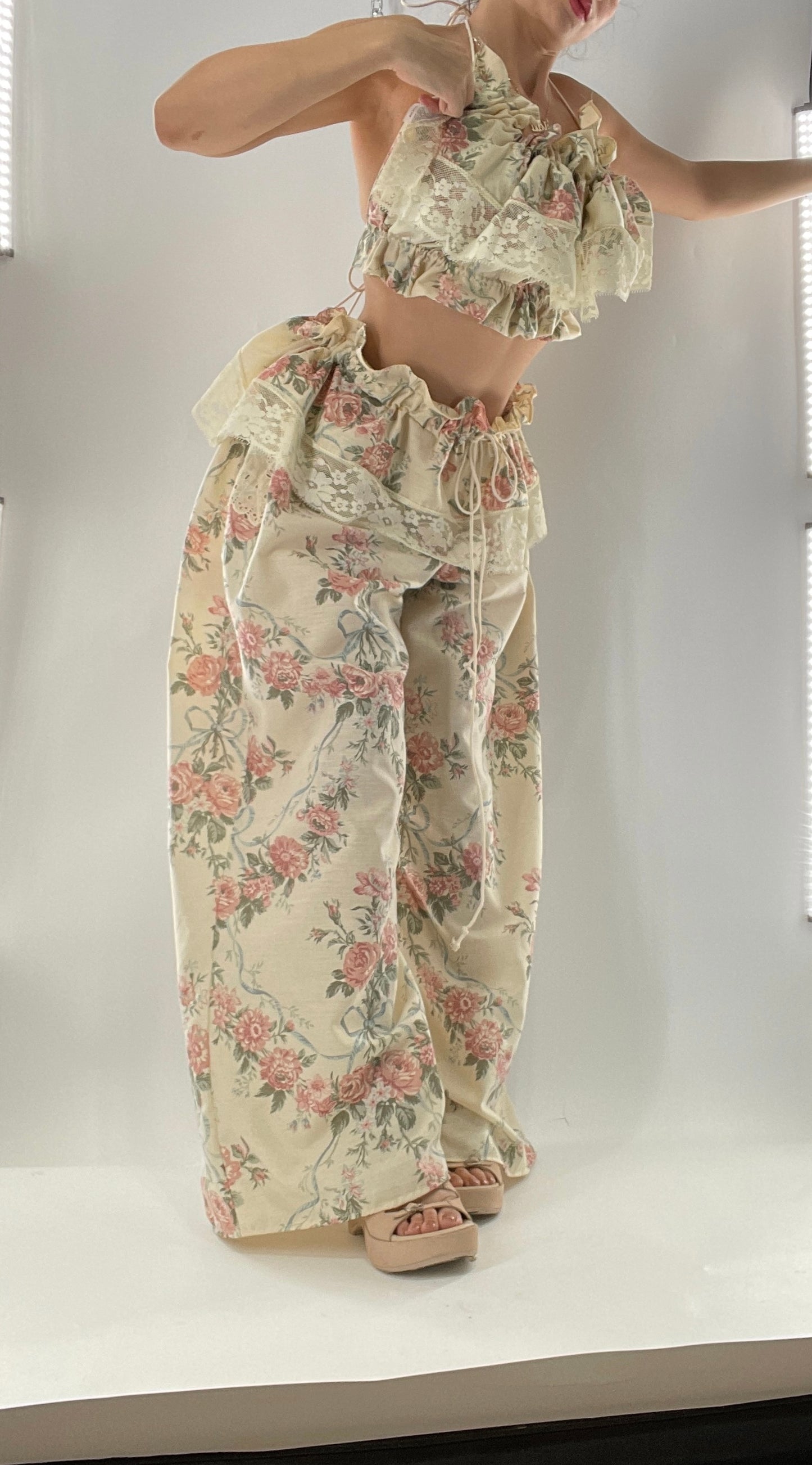 Vintage Set Covered in Delicate Dainty Florals, Bows and Lace (One Size, Adjustable)