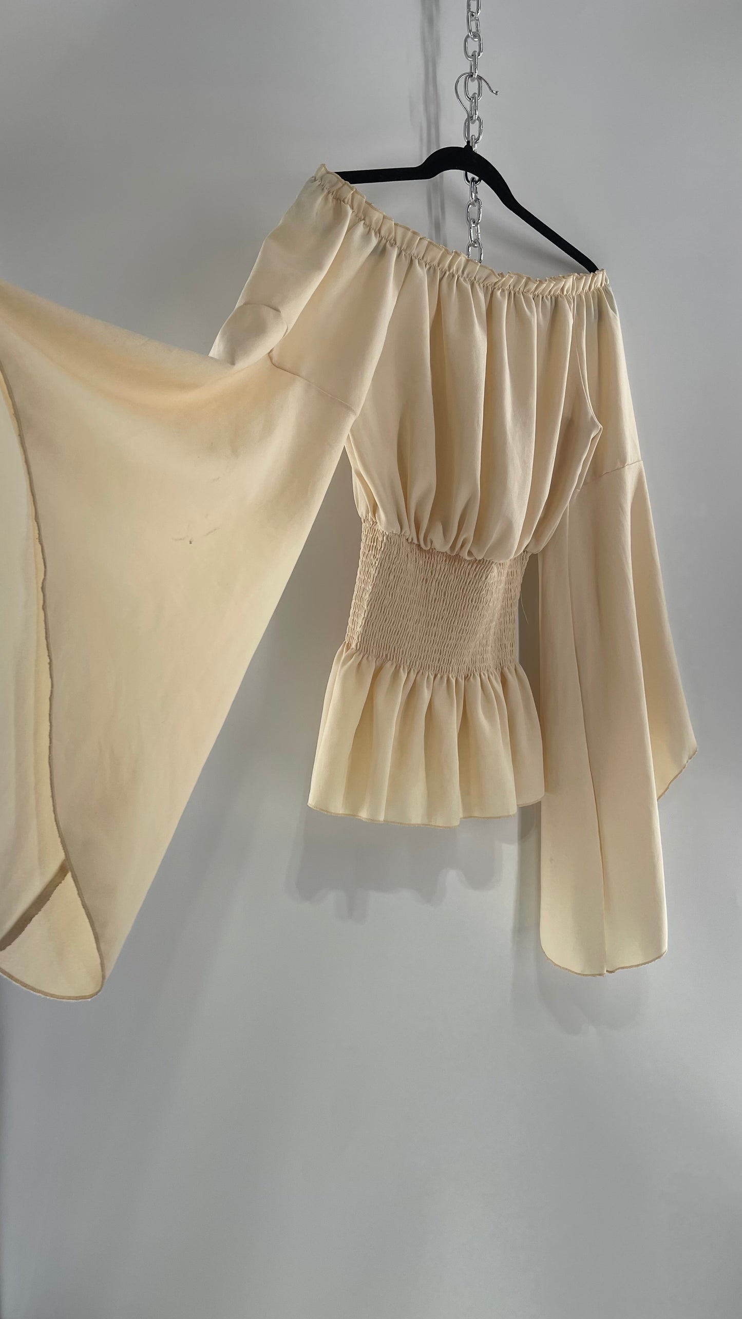 Vintage Off White Smocked Waist Bell Sleeve Wanderlust Blouse(S/M)