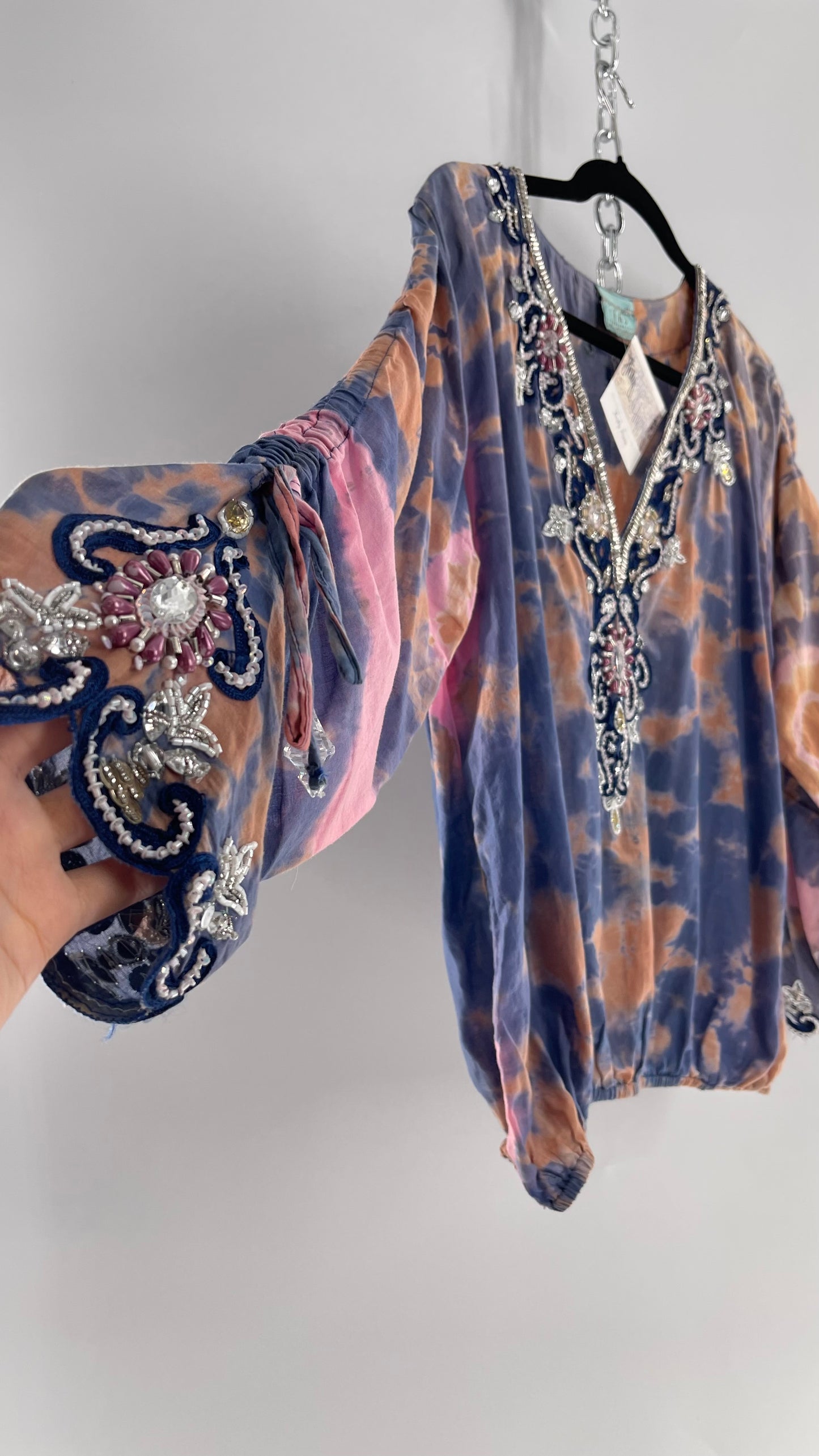 TAJ by Sabrina Crippa Tie Dye Blouse with Gemstone Encrusted Neckline and Ruched Beaded Sleeves (S/M)
