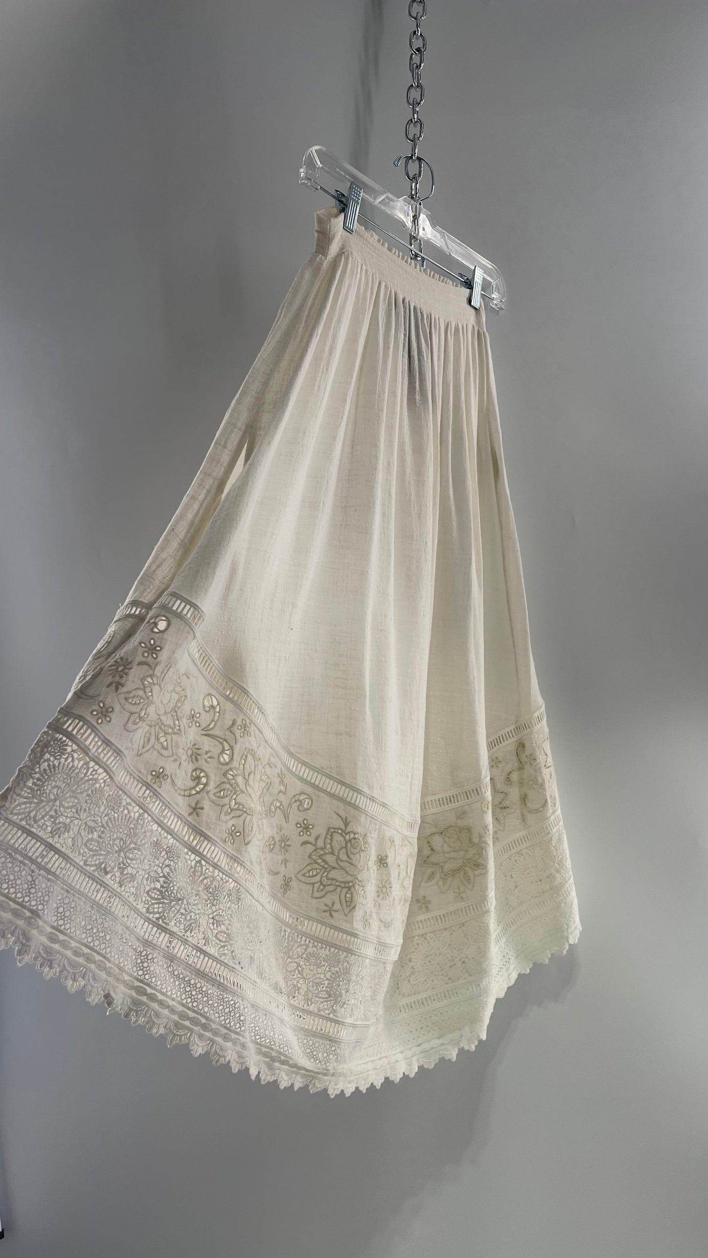 Spell & the Gypsy Full Length Cotton Gauze White Skirt with Tie Sides and Heavily Embroidered Hem (XS)