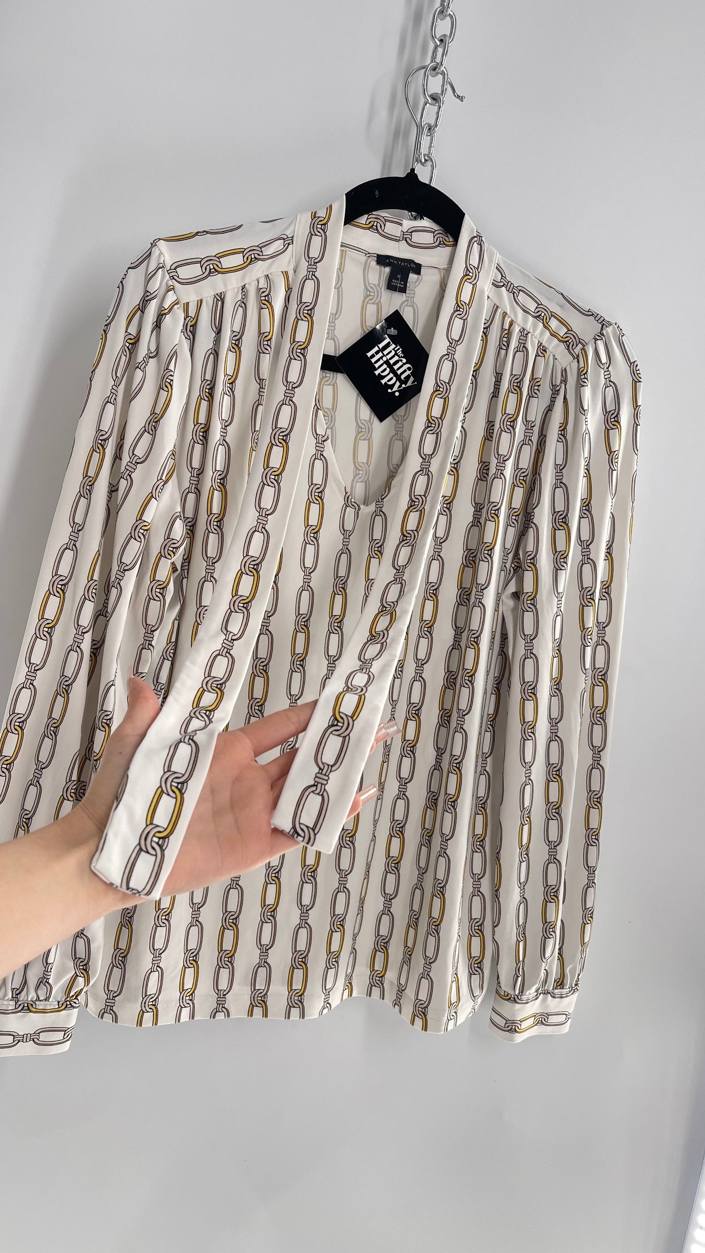 ANN TAYLOR White Gold Chain Graphic Blouse with Neck Tie Detail (Medium)