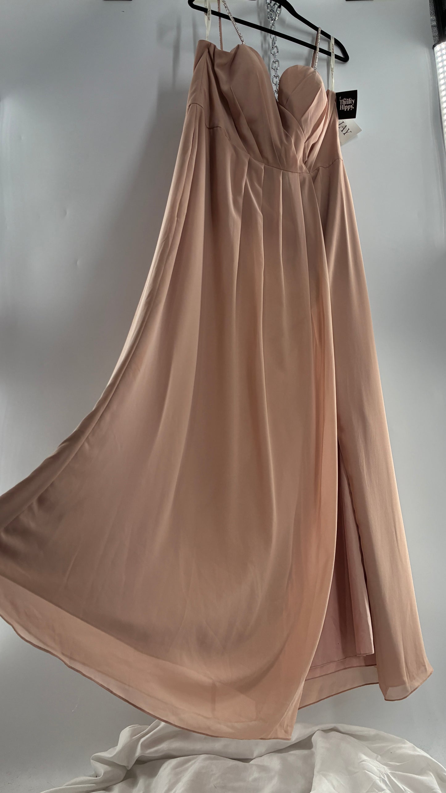 Vintage BARI JAY Nude/Blush Pink Full Length Dress with Embellished Straps and Side Slit Detail (16W)