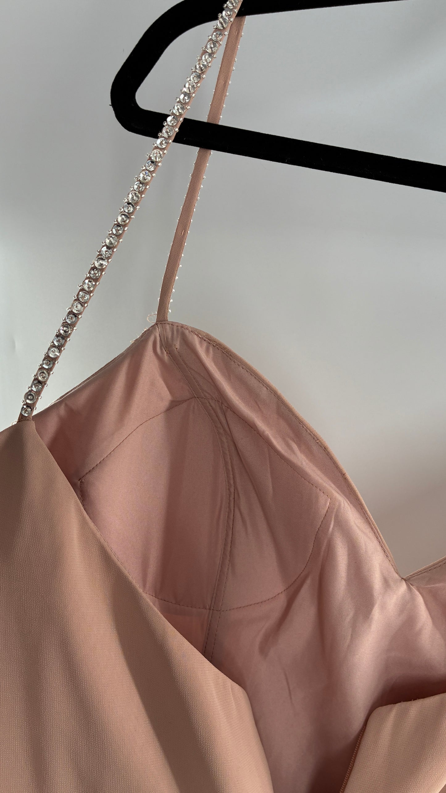 Vintage BARI JAY Nude/Blush Pink Full Length Dress with Embellished Straps and Side Slit Detail (16W)