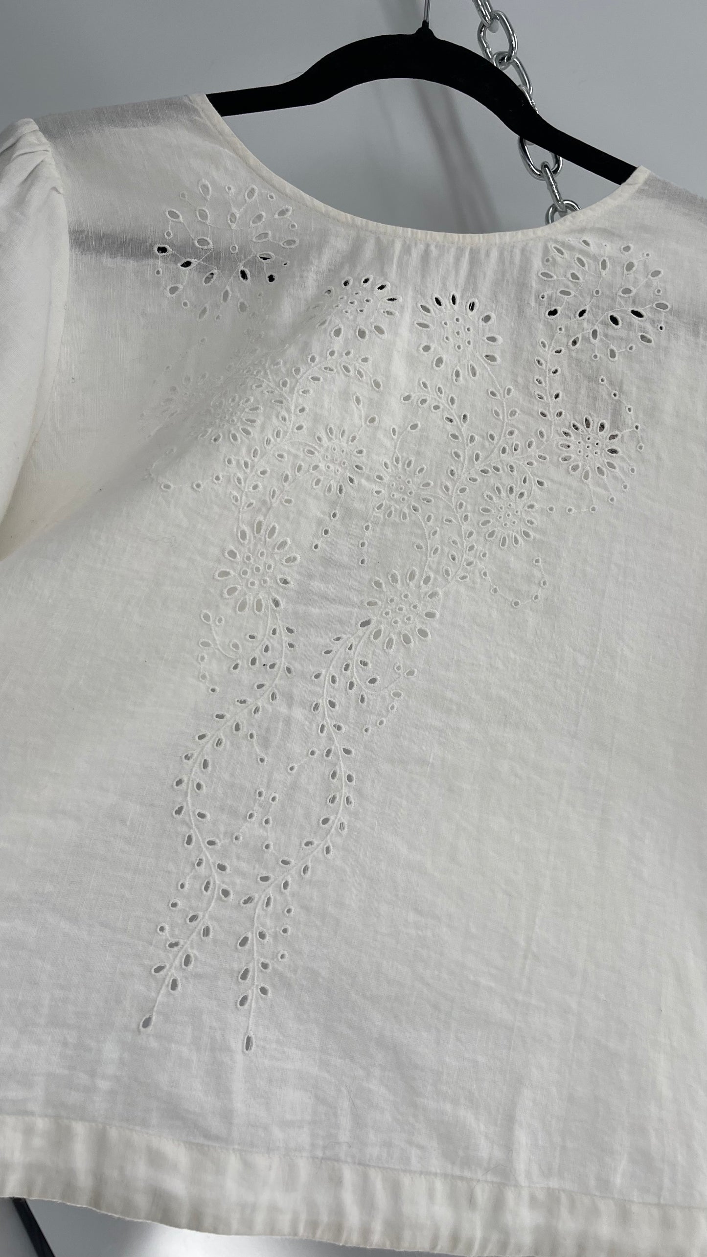 Free People Off White Cotton Open Back Eyelet Lace Short Sleeve (Medium)