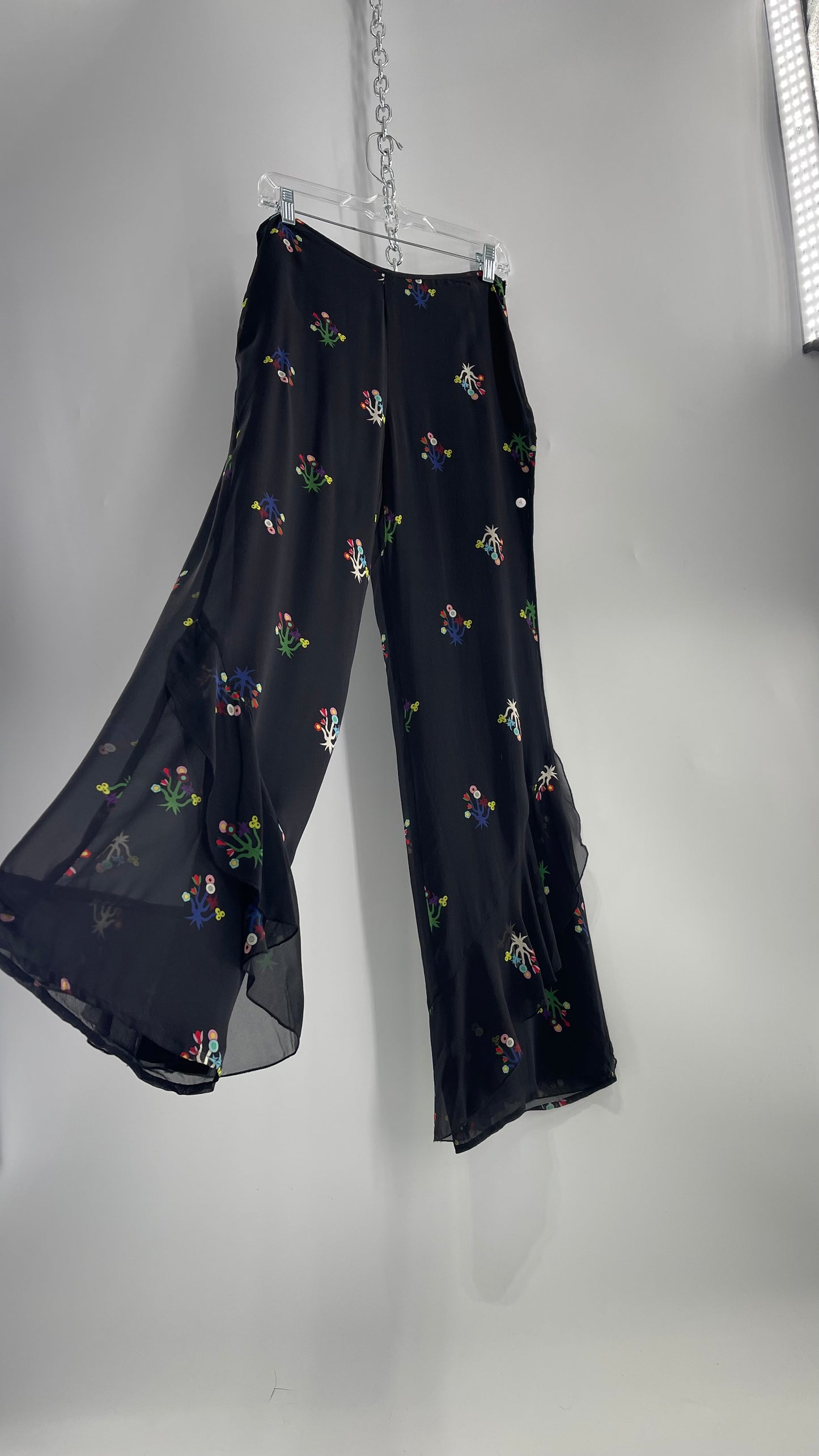 Cynthia Rowley Black Flared Pants with Colorful Abstract Florals, Dual Lining and Ruffle Trim (4)