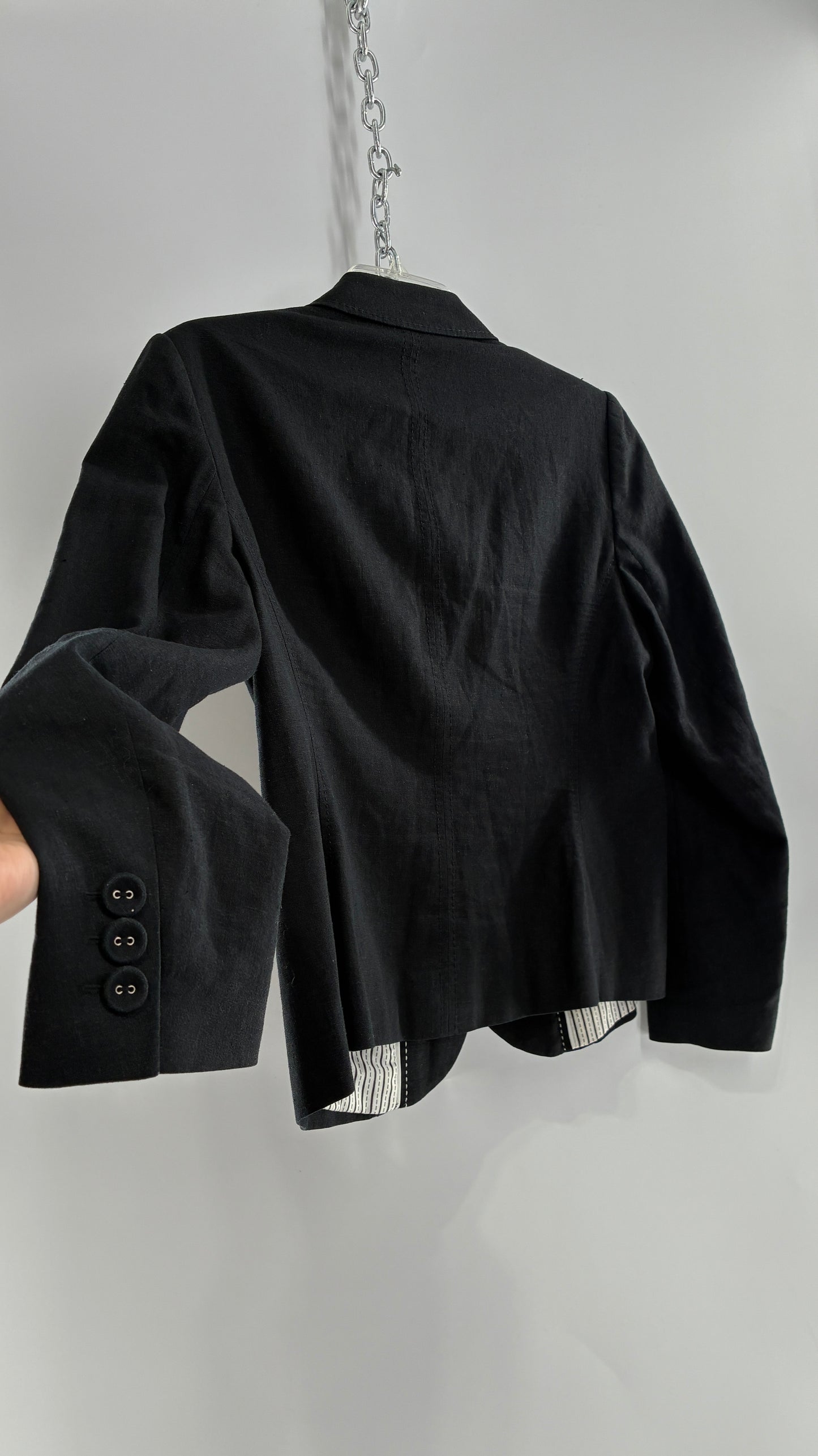 Vintage MARKS & SPENCER Suit Set with Black Linen Blend Blazer and Upcycled Mini Skirt with Corset Backing (14/M)