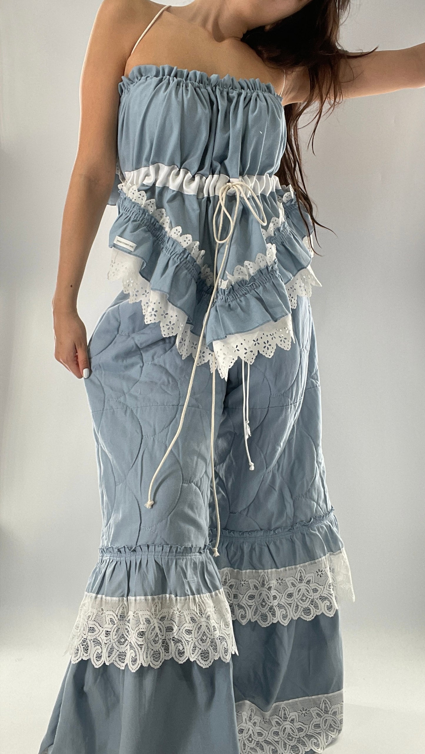 Vintage 2 Piece Powder Blue Set Featuring 2Way Blouse and Quilted Trousers Covered in Ruffles, Lace and Trim (One Size)