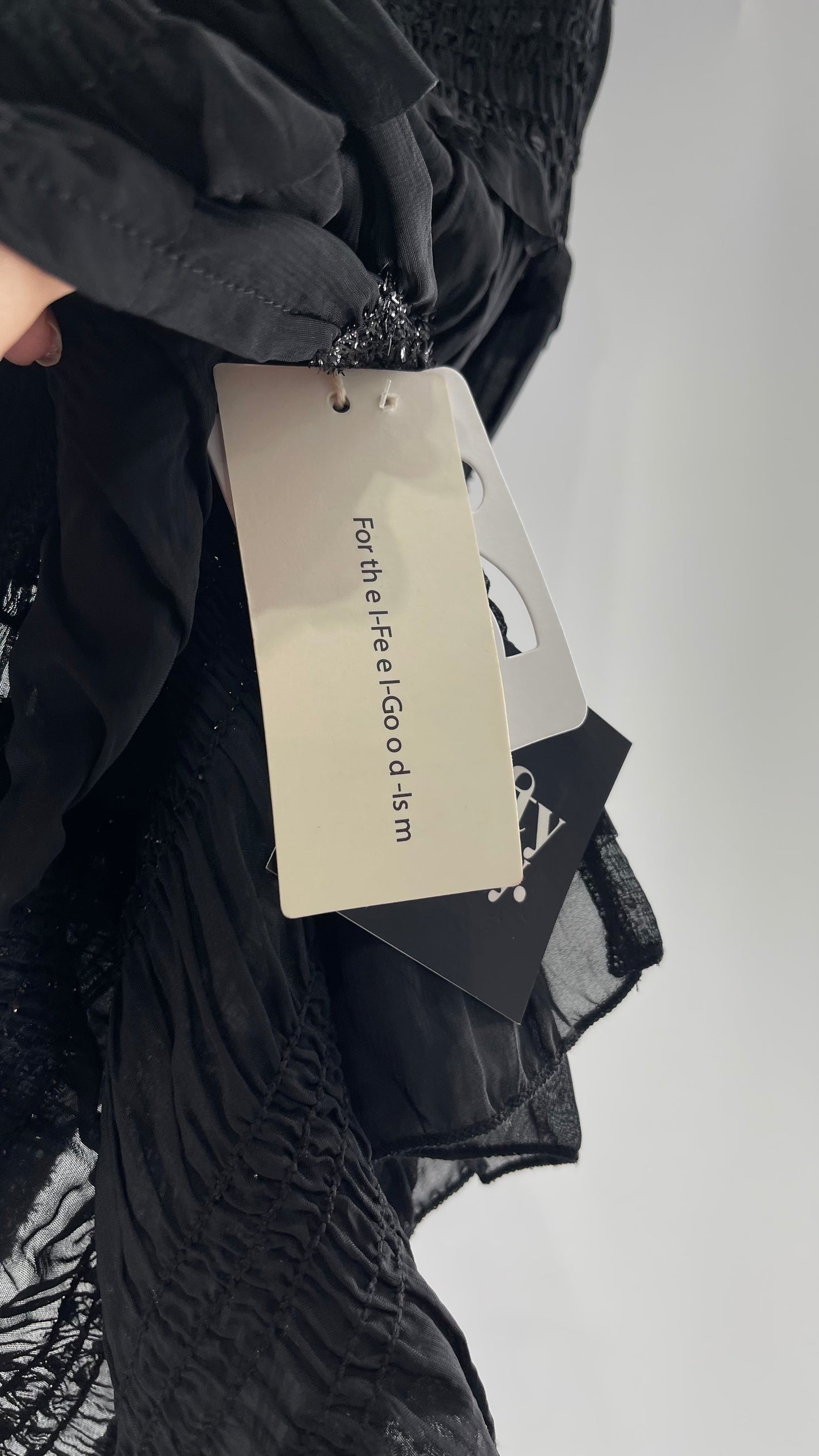 The Commense Black Sheer Crimped Midi Dress with Stripes of Tinsel and Ruffle with Tags Attached (Medium)