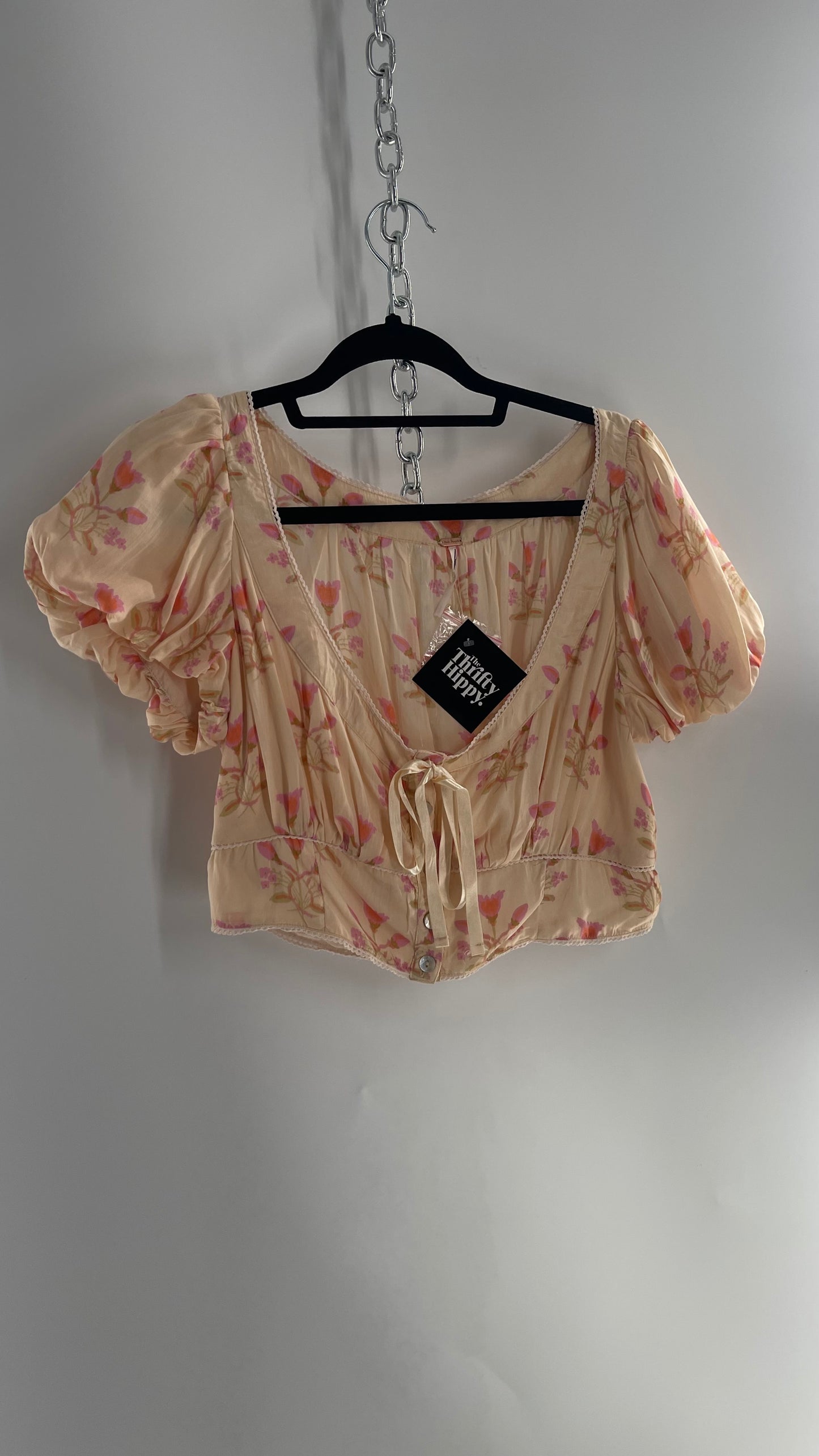 Free People Baby Pink Bustier Cropped Short Sleeve Top with Milkmaid Bustline, Floral Pattern and Ribbon Bow Detail (Large)