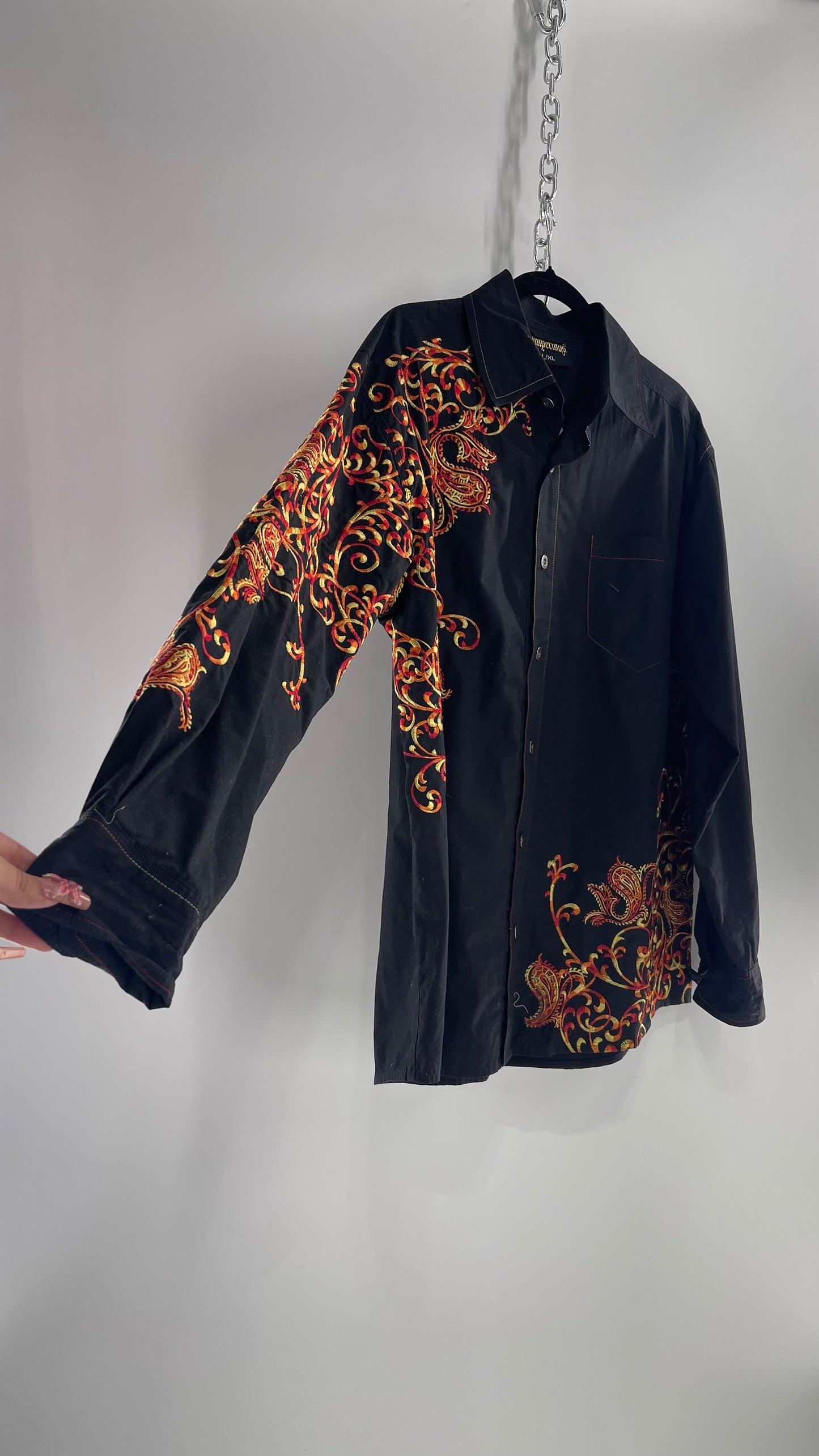 Vintage IMPERIOUS Men’s Black Button Up with Heavy Red/Orange Embroidery (L/XL)
