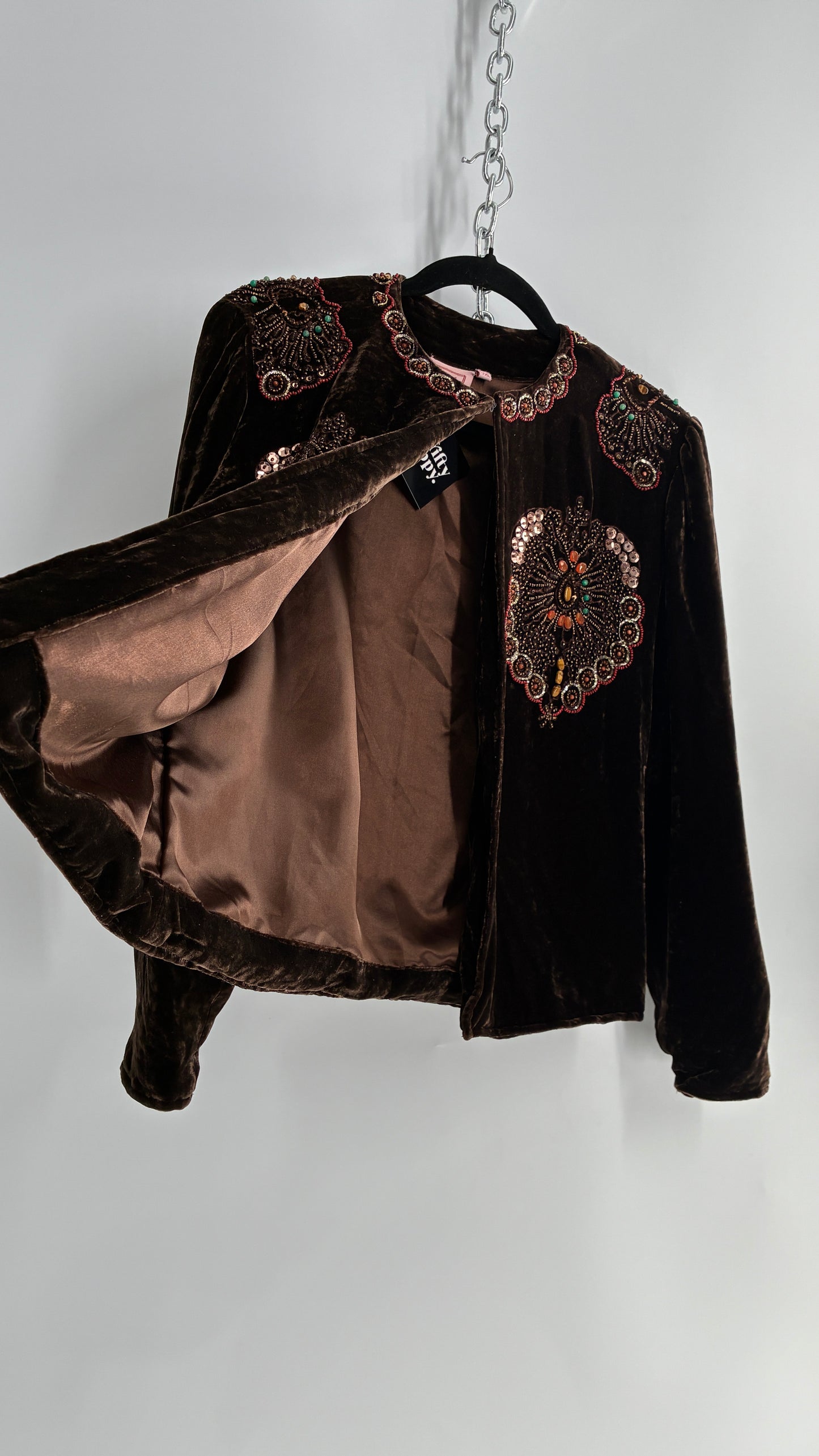 Blush Vintage BLUSH Brown Velvet Beaded and Embroidered Jacket (L/XL)