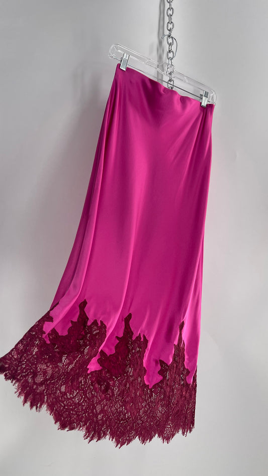 CAMI NYC Hot Pink Silky Midi Skirt with Maroon Thick Lace Hem (S)
