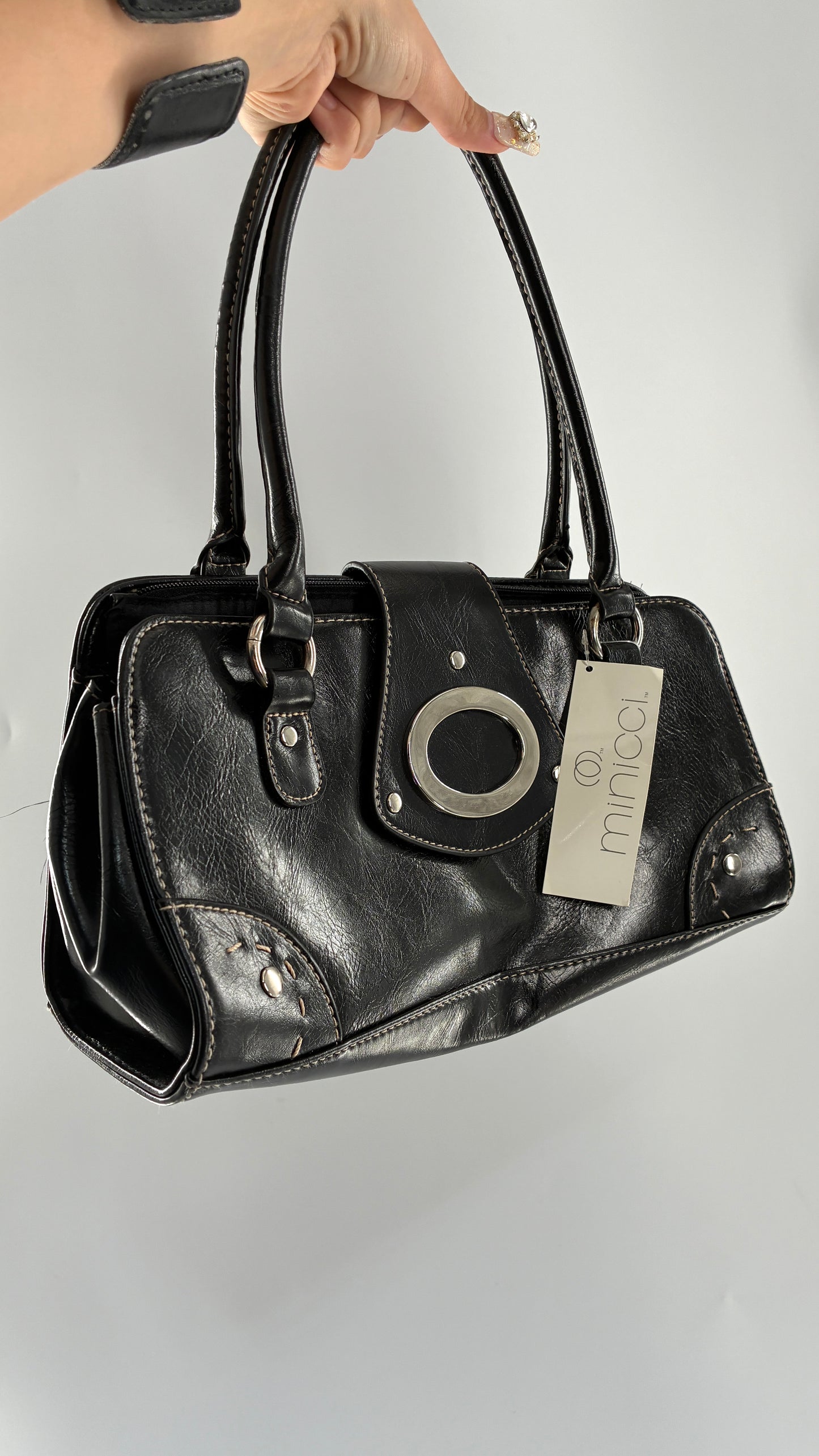 Deadstock Vintage MINICCI Black Shoulder Bag With Silver Hardware, Exaggerated Stitching