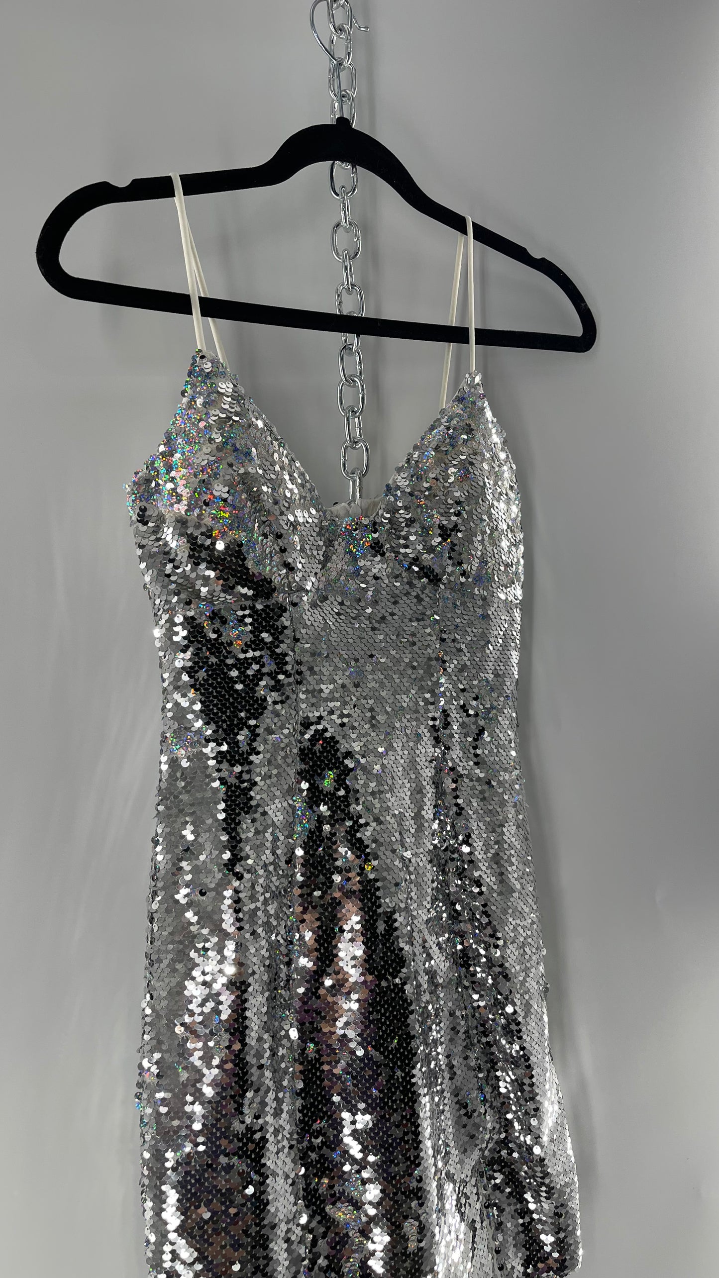 Princess Polly Silver Iridescent Sequin Mini Dress with Triangle Cups and Thigh Slit (0)
