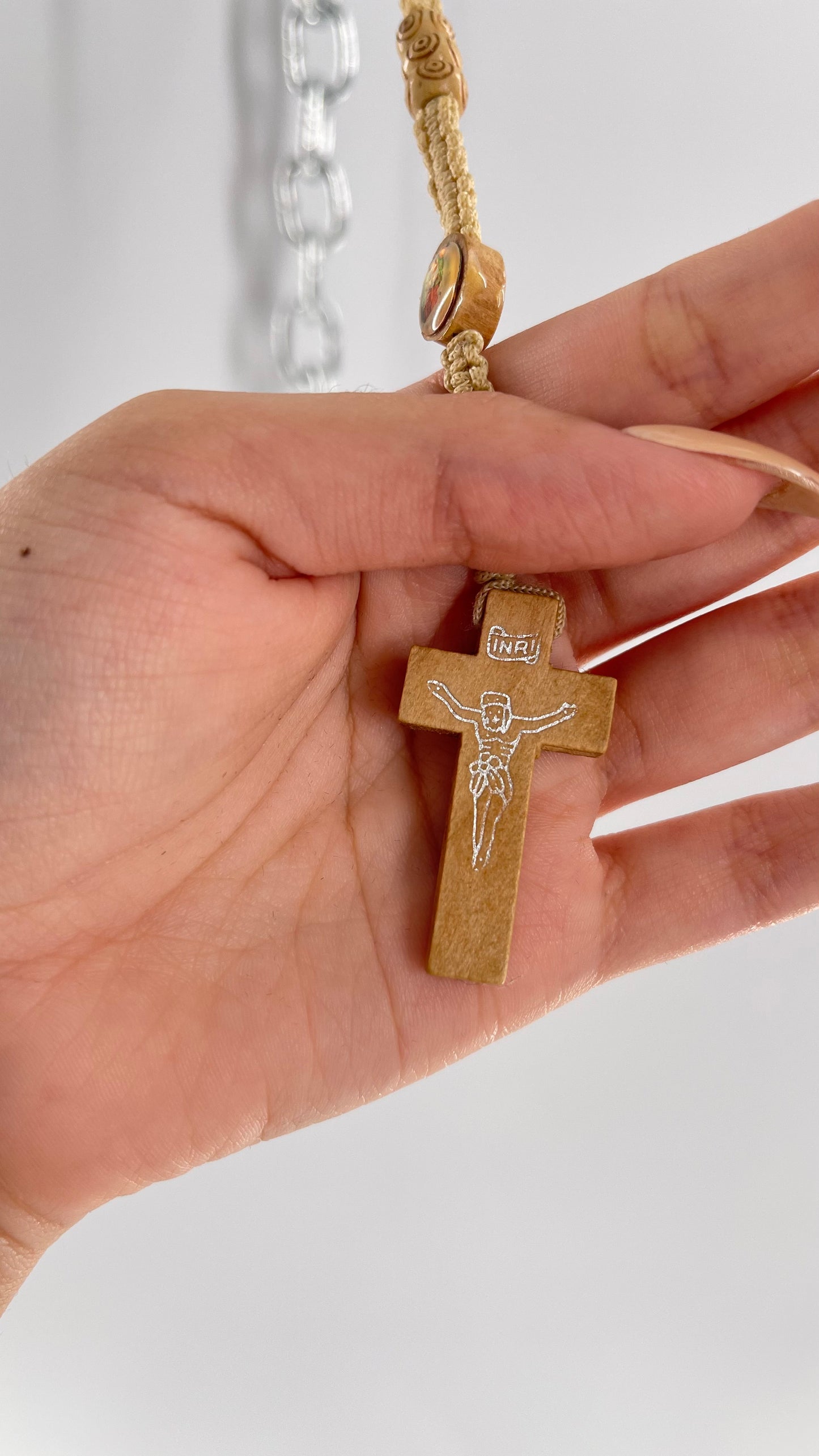 Vintage Beige Toned Rope Rosary Necklace Prayer Beads