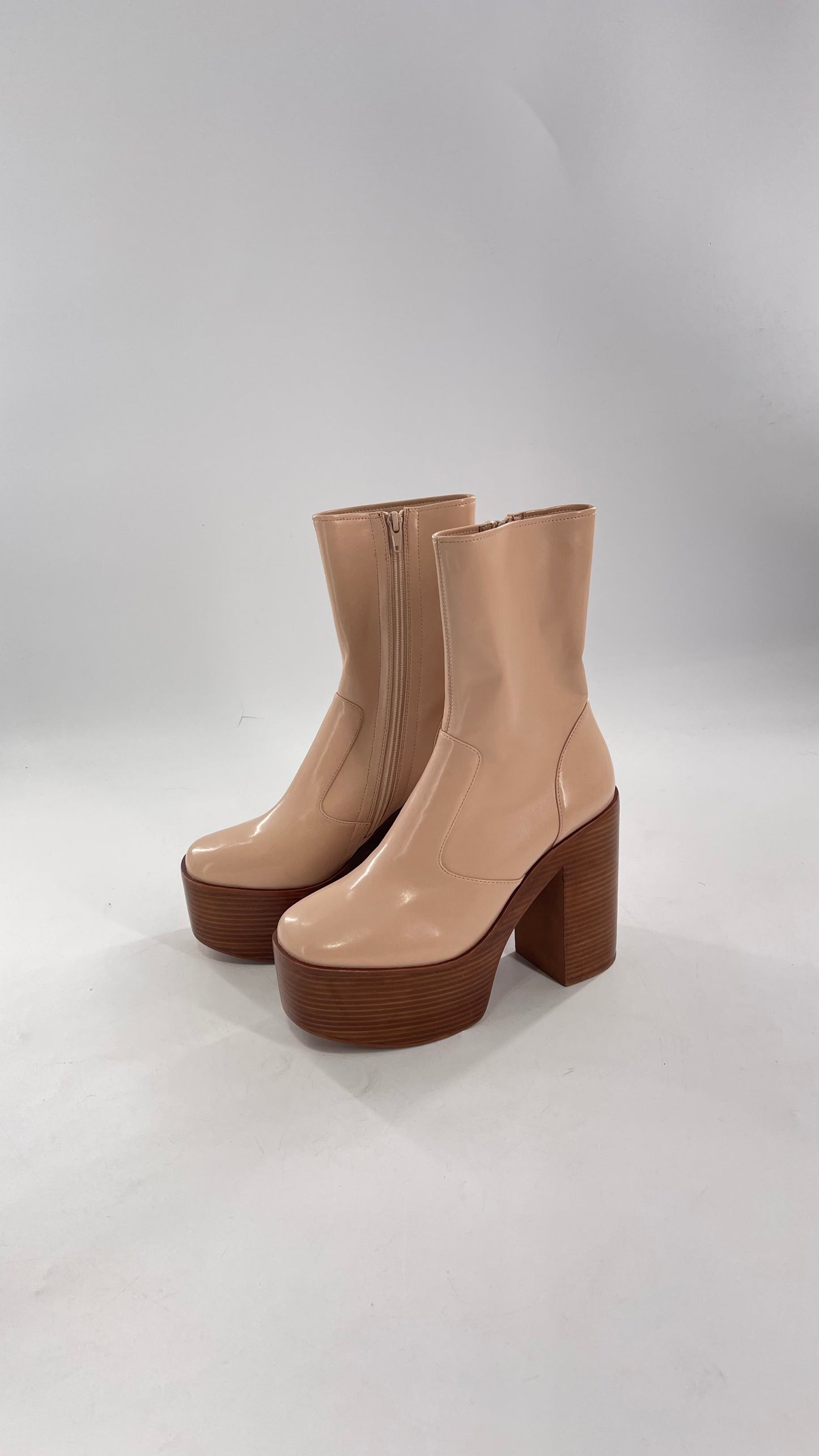 Free People X Jeffrey Campbell Mexique GoGo Boots • Beige Patent Boot with Wood Grain Chunky Block Heel and Platform (9)