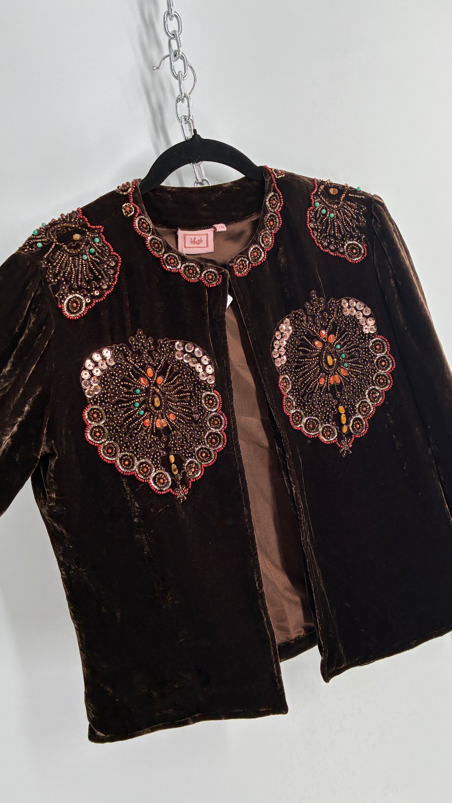 Blush Vintage BLUSH Brown Velvet Beaded and Embroidered Jacket (L/XL)