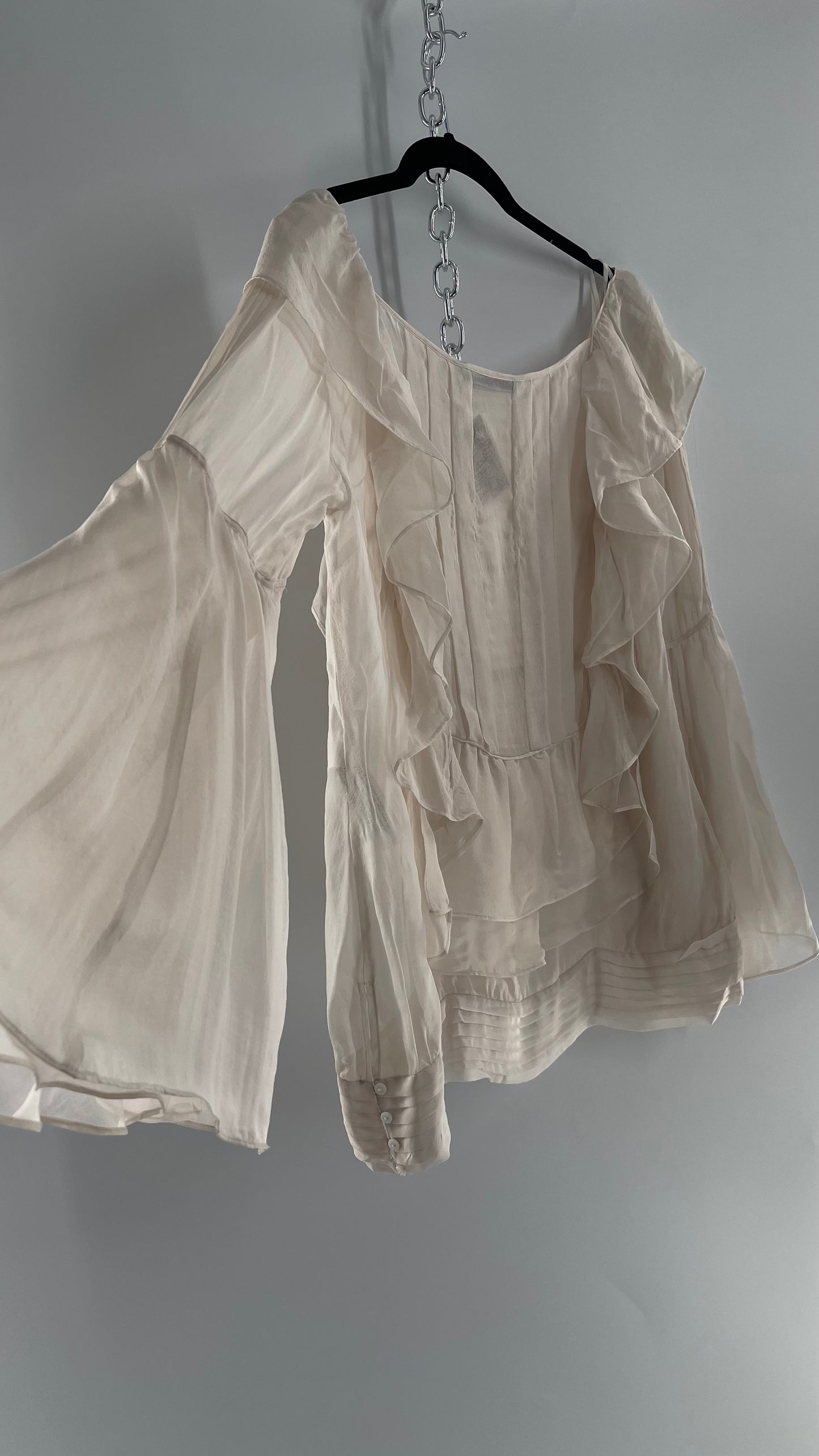 ZARA Ruffled and Embroidered Bell Sleeve Blouse (Large)
