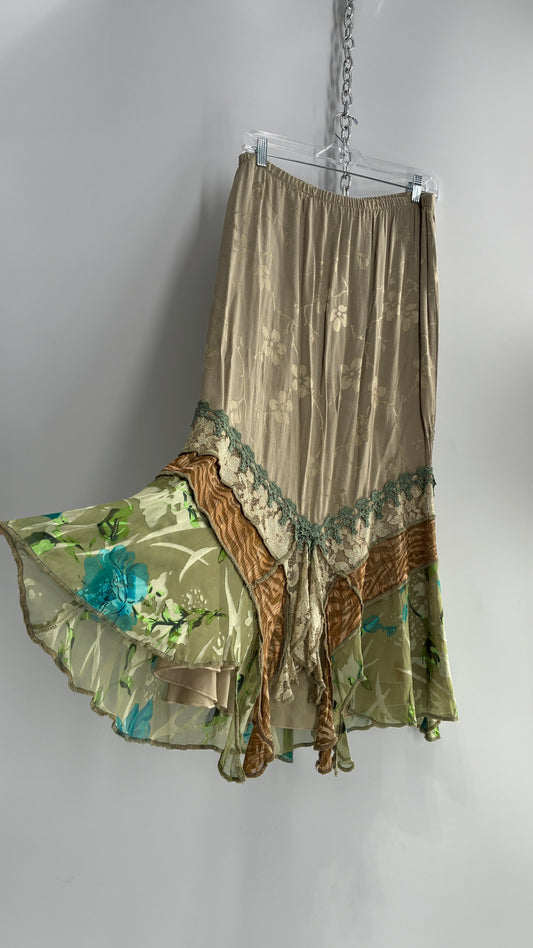 Vintage SPENCER ALEXIS Muted Green Full Skirt with Mixed Pattern Handkerchief Hem (Large)