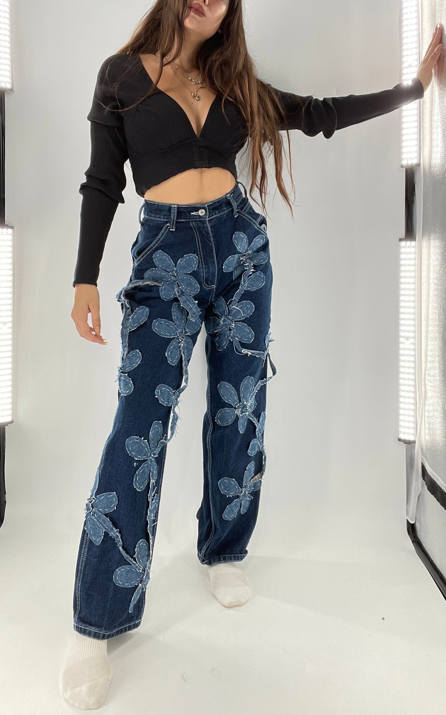 Handmade CUSTOM Dual Denim Tone Floral Vine Cargo Denims (S)