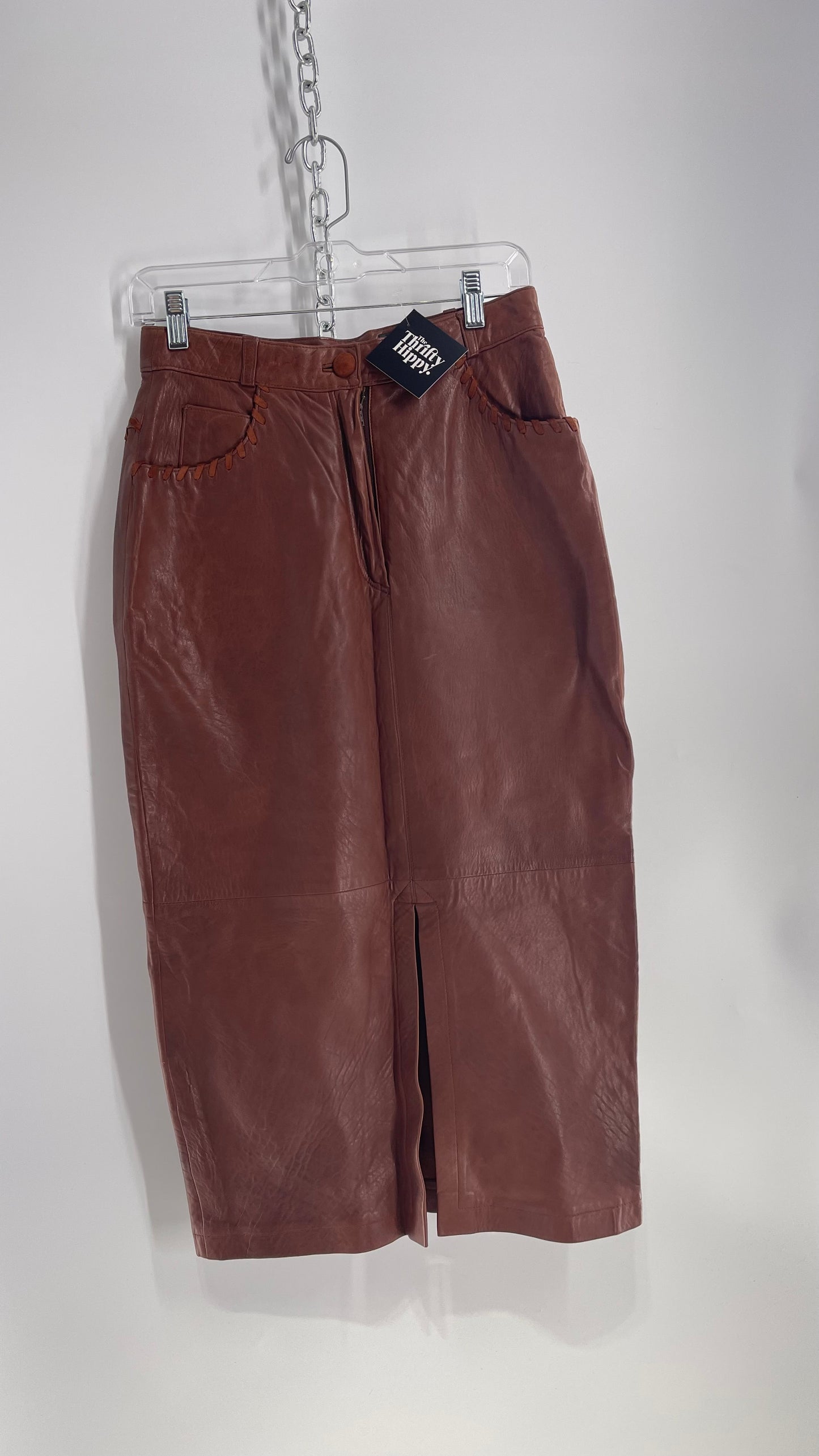 Vintage Diario Italian Brown Leather Long Skirt with Suede Stitch Detail (36)