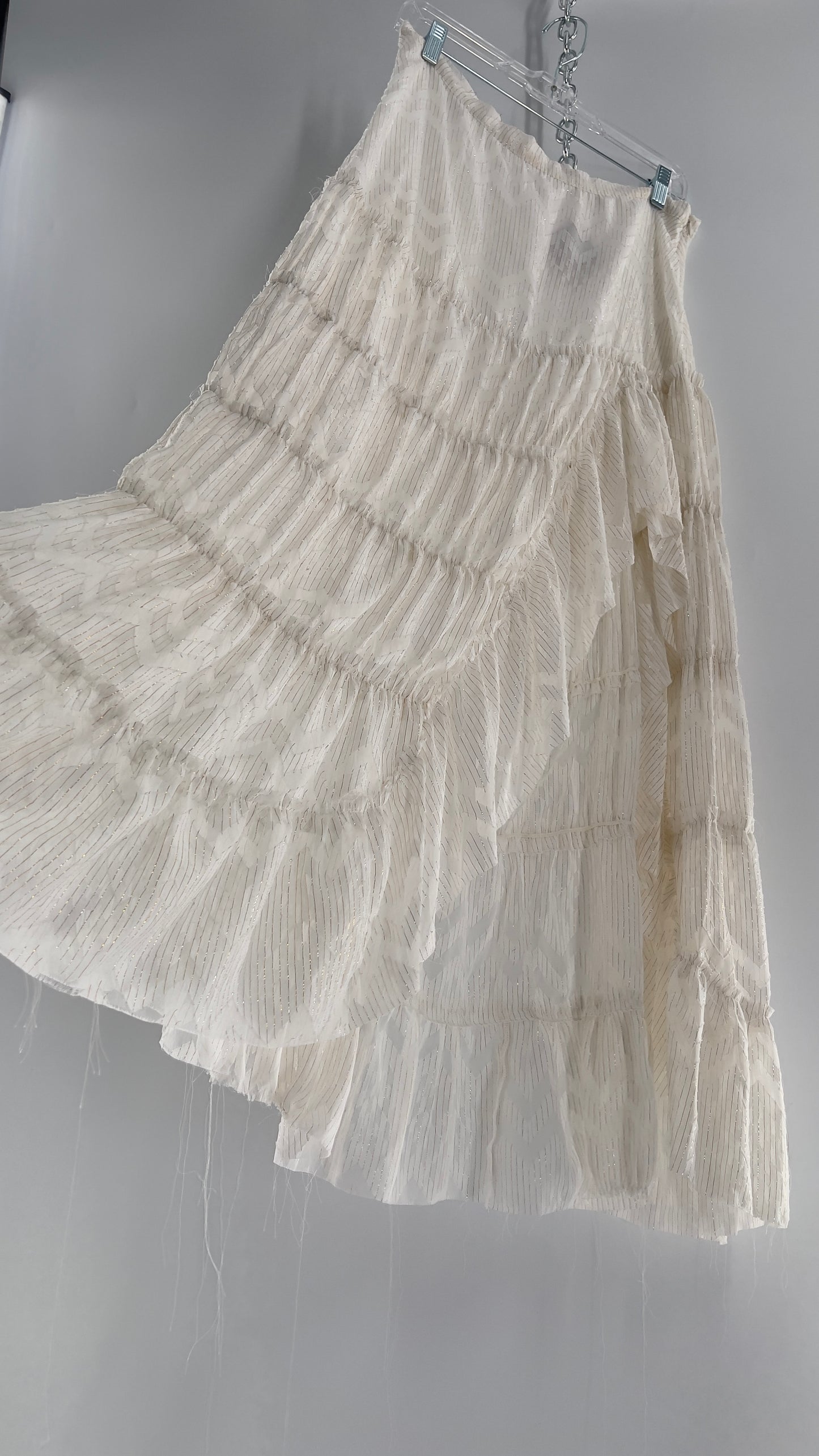 Free People Raw Edge Hem White Gold Tinsel Skirt with Ruffle Side Slit (Small)