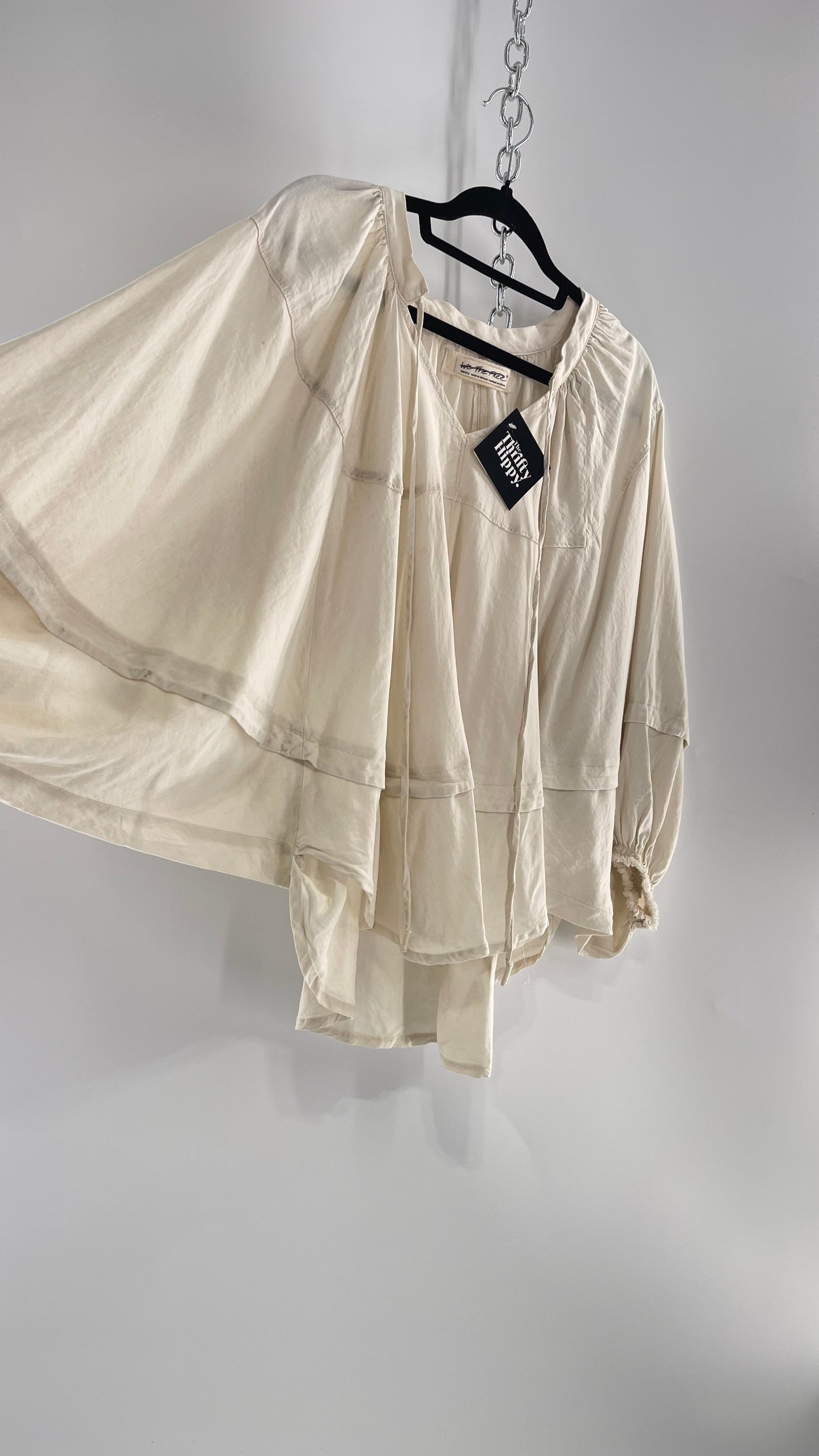 Free People Beige Off White Billow/ Prairie Sleeve Cape Blouse (Small)