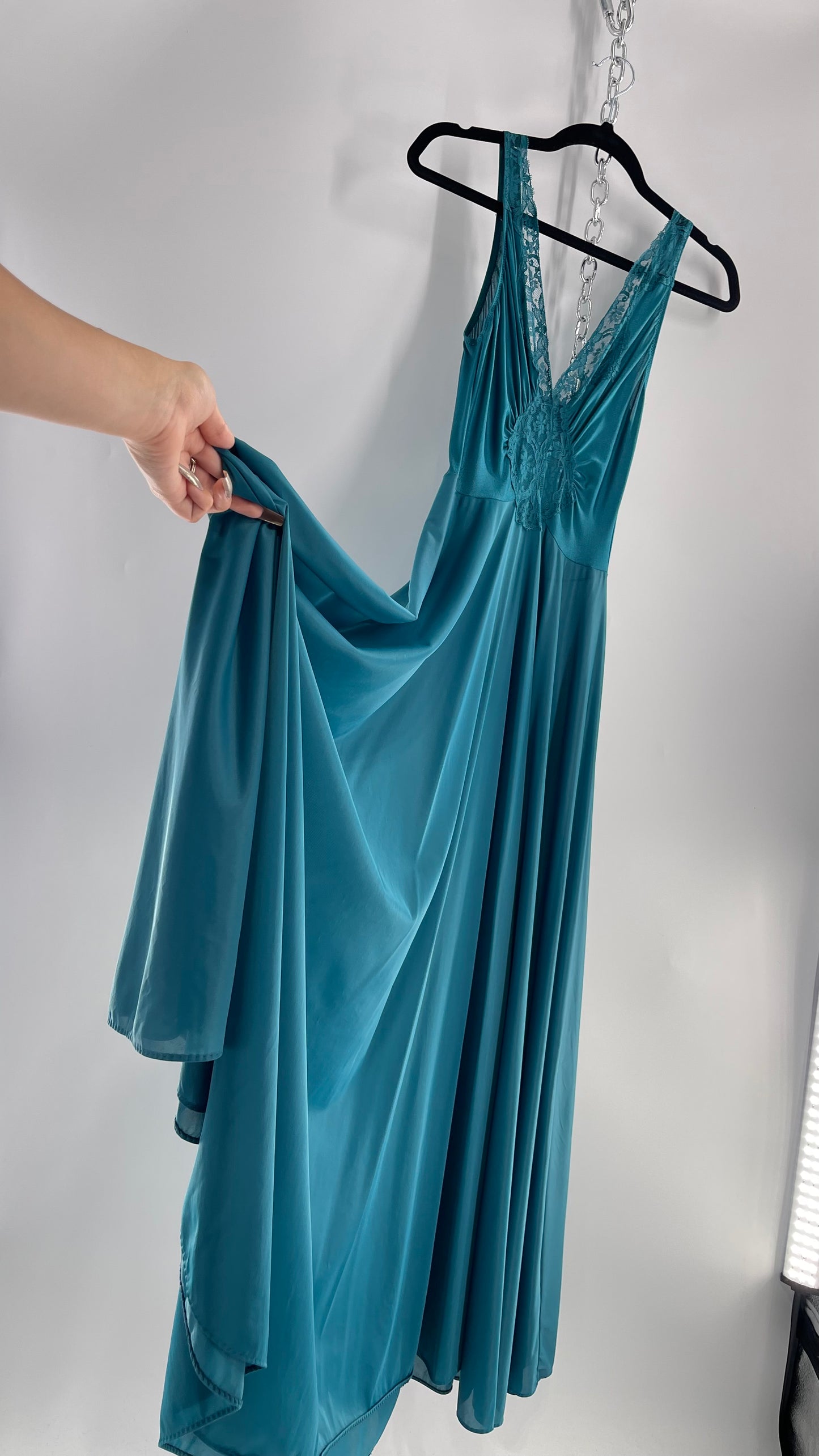 Vintage Olga Intimates Floor Length Voluminous Blue Jewel Toned Maxi Dress/Night Gown with Lace Bust (Small)