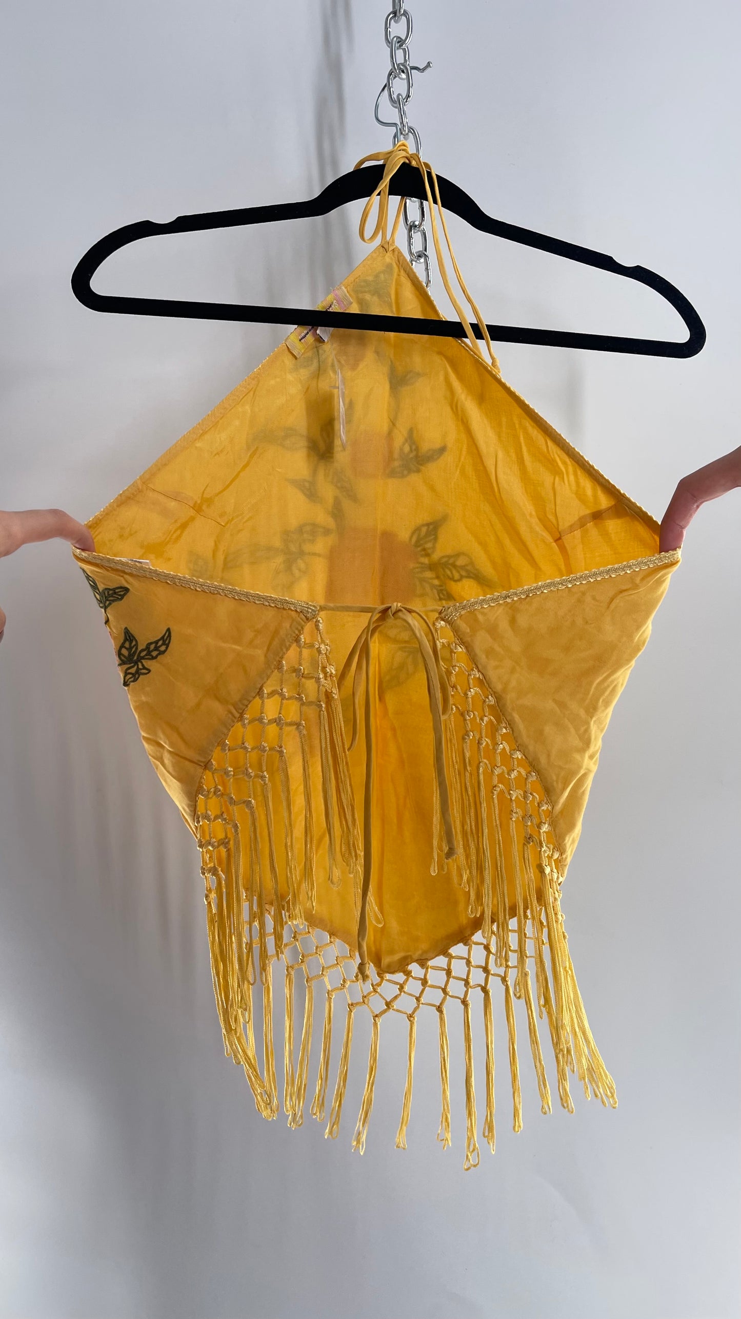 Urban Outfitters Yellow Halter with Embroidered Roses and Fringe Hemline (XS)