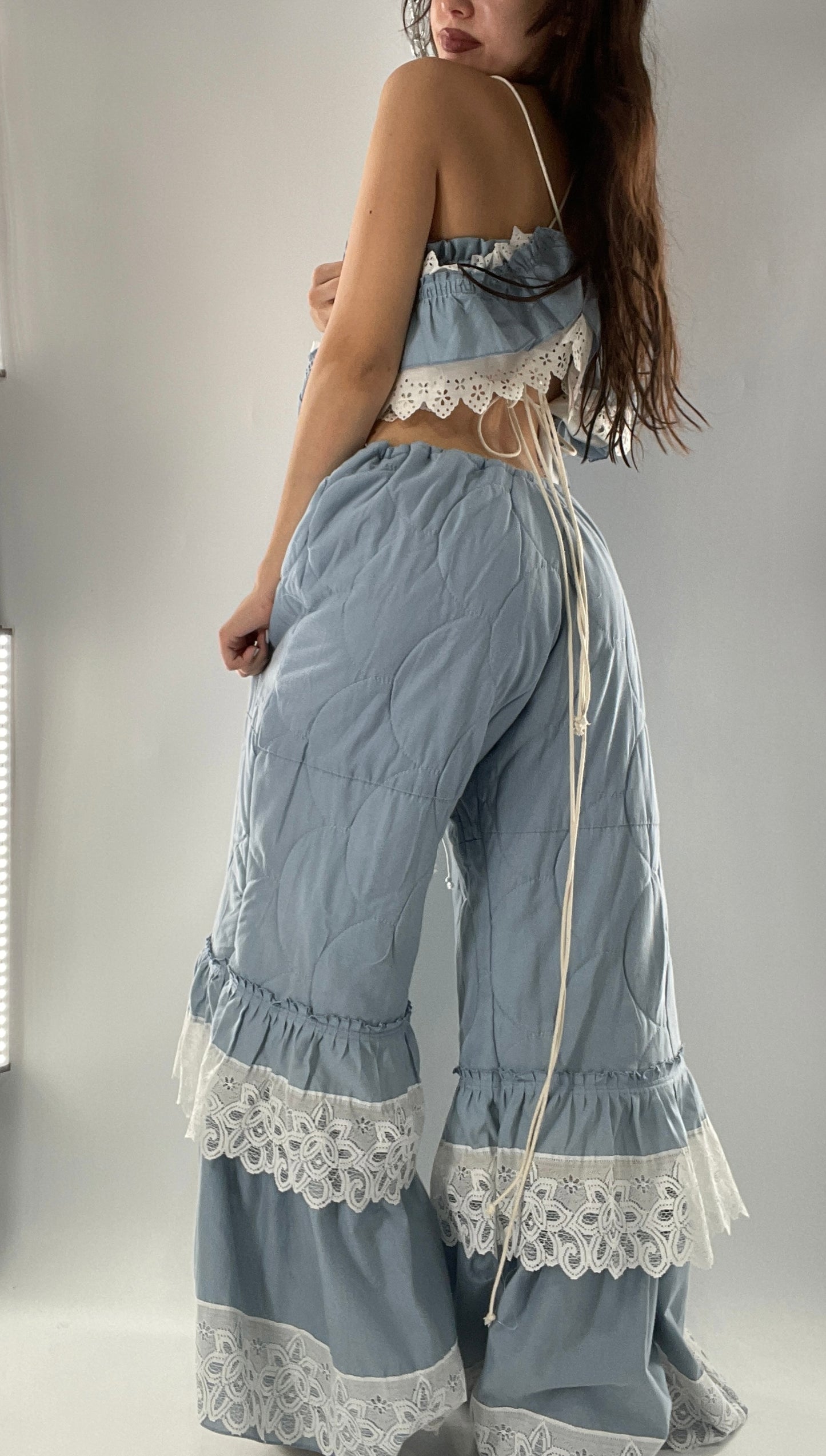 Vintage 2 Piece Powder Blue Set Featuring 2Way Blouse and Quilted Trousers Covered in Ruffles, Lace and Trim (One Size)