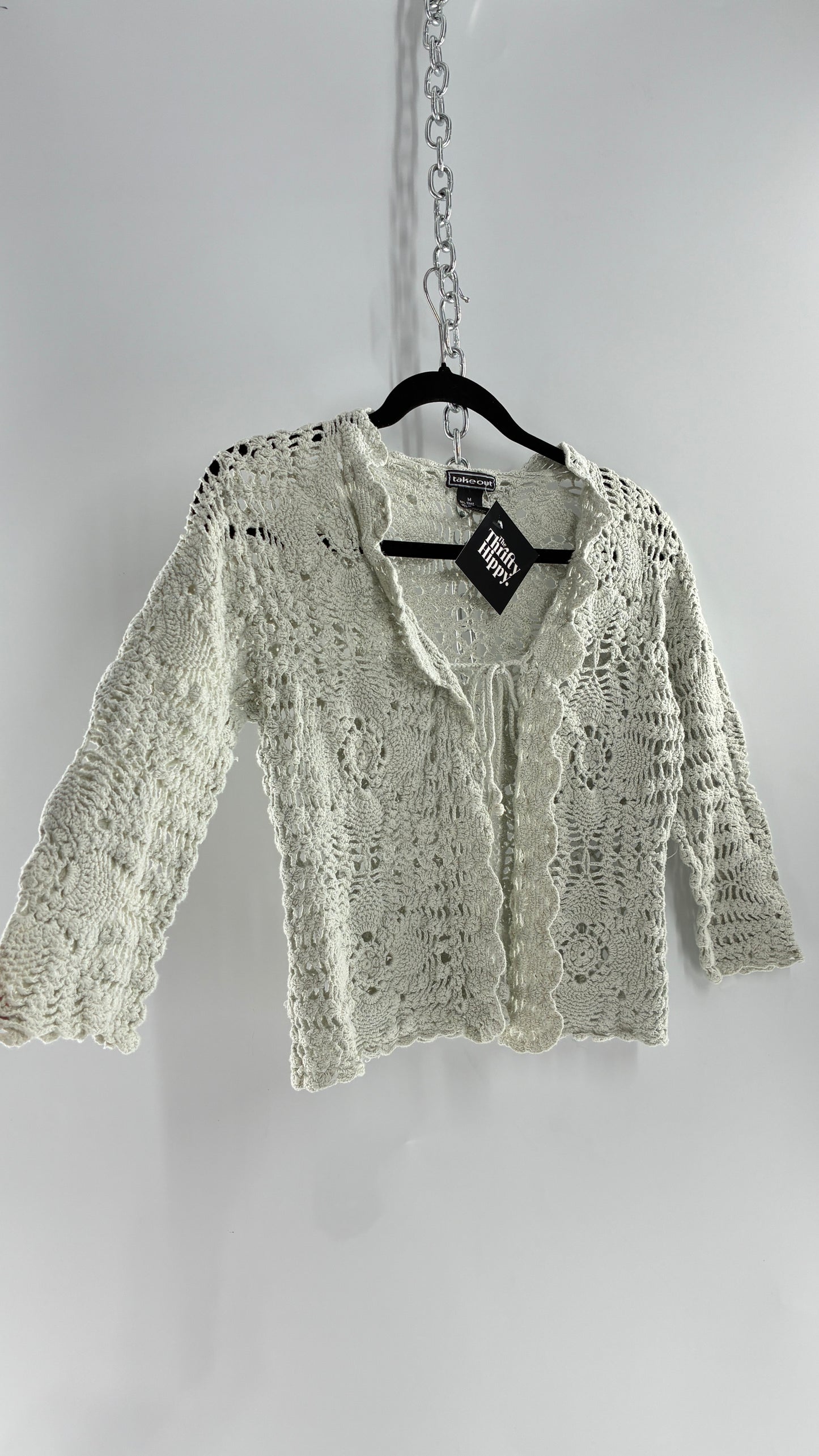 Vintage TAKEOUT Grey Crochet Knit Tie Bust Cardigan Top (Medium)