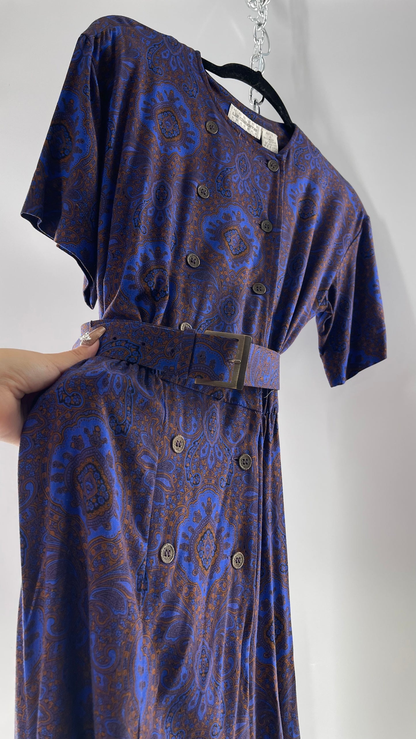 Vintage Liz Claiborne Cobalt Blue and Mustard Paisley Patterned 60s Style Dress(4)