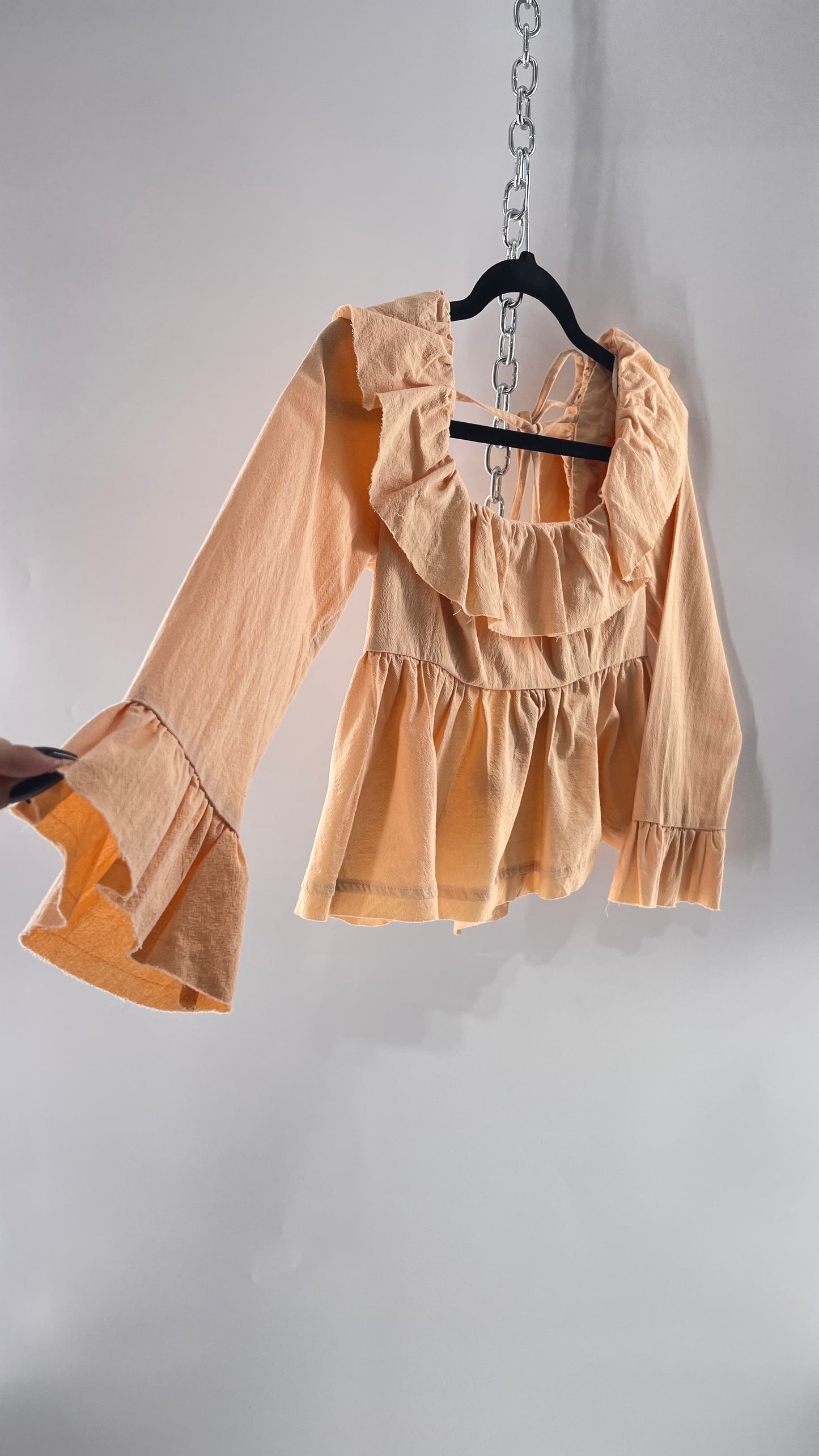 Free People Pumpkin Light Orange Backless Bow Back Cropped Blouse with Ruffle Sleeve and Neckline (XS)